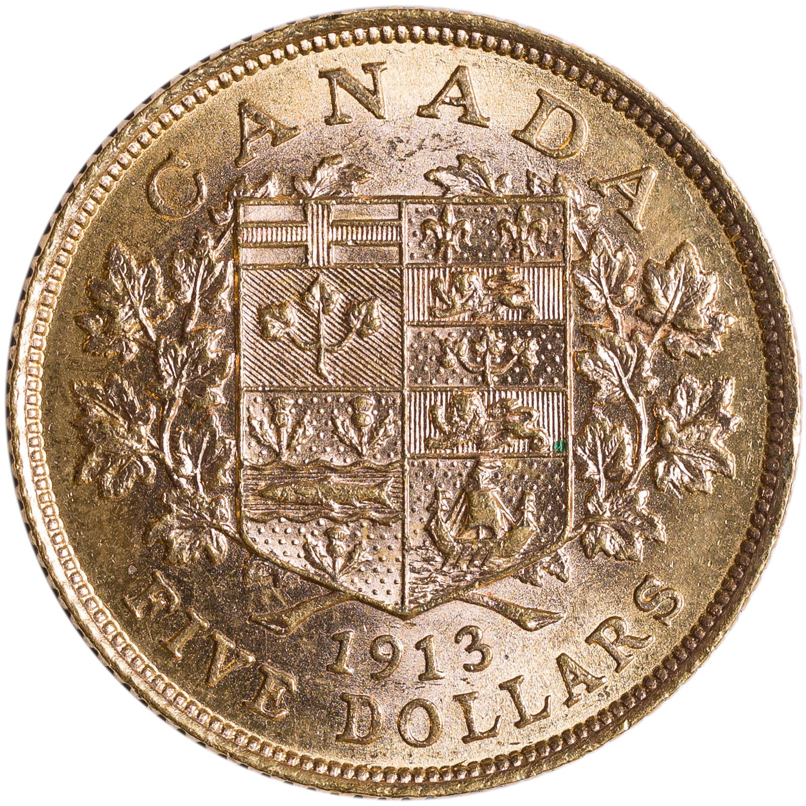 Canada. BU-60+ 1913 $5 Gold - 2