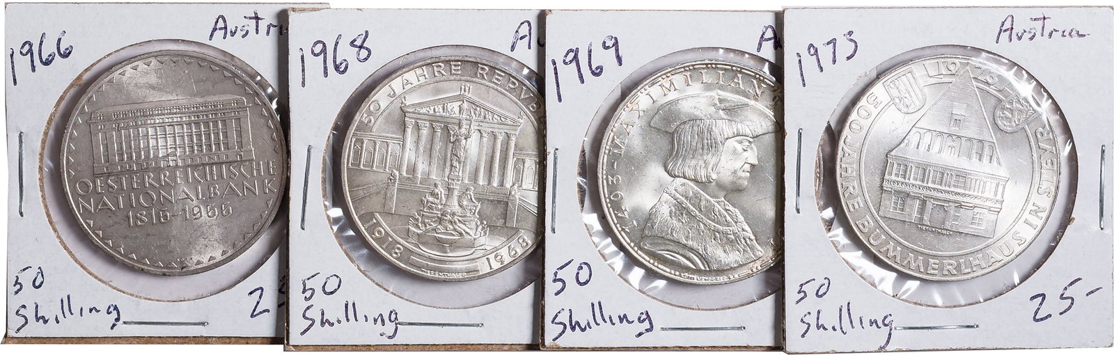 Austria. 4 Different Silver 50 Shillings: Includes BU 1966, 1968, 1969 & 1973. Each contains .5787 ounces of pure silver. (Total: 4 pcs)