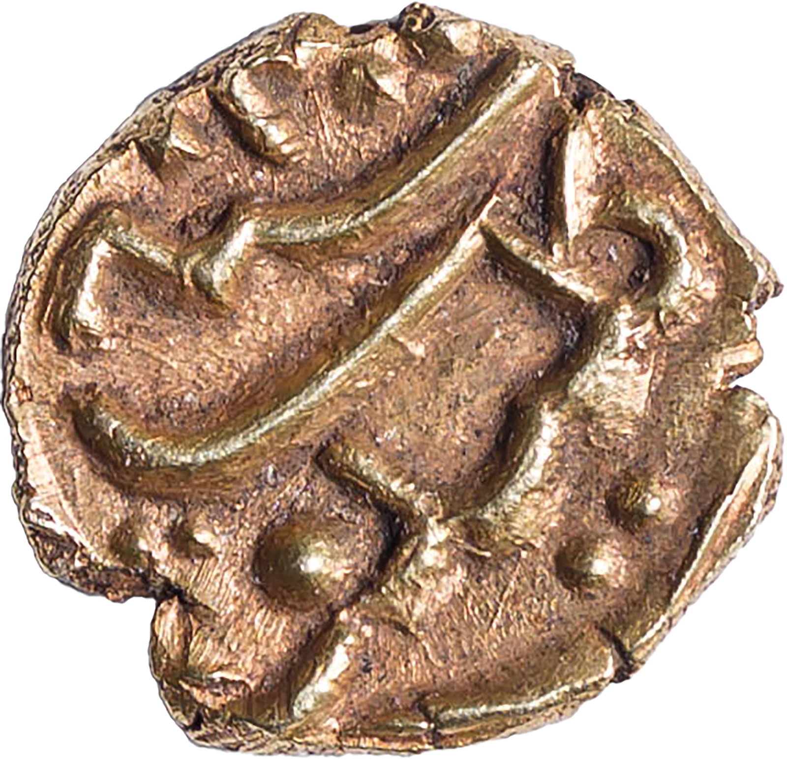 India. EF-40 Gold Fanam: AH 1200 (1785). Mysore. Tipu Sultan. Kalikut. Shows a couple of planchet splits. Deep red-gold.