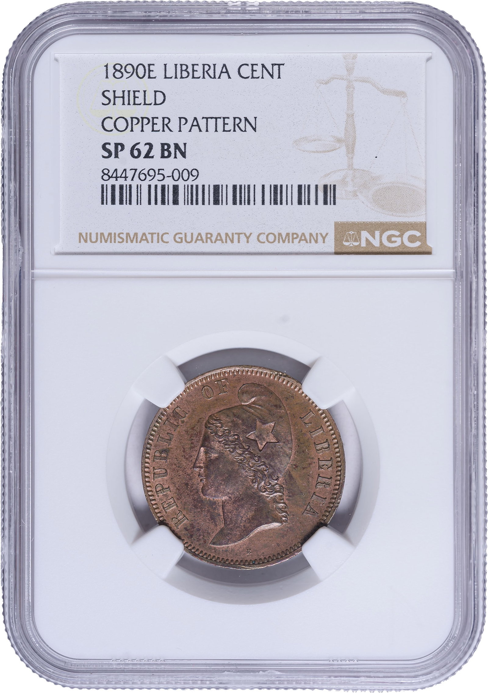 Liberia. NGC Specimen-62 BN 1890-E One-Cent: Reflective golden-tan with lively luster and a goodly amount of mint red.
