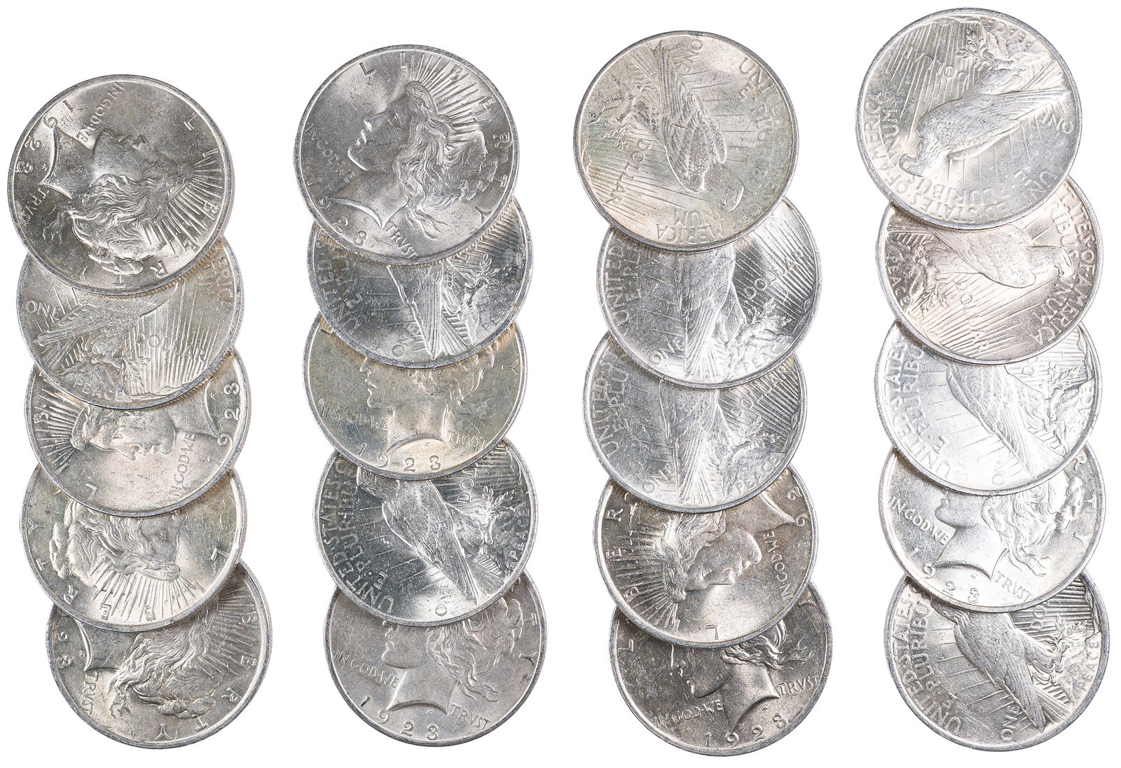 AU/BU 1923 Peace Dollar Roll: Includes a mix of BU and just miss BU coins.