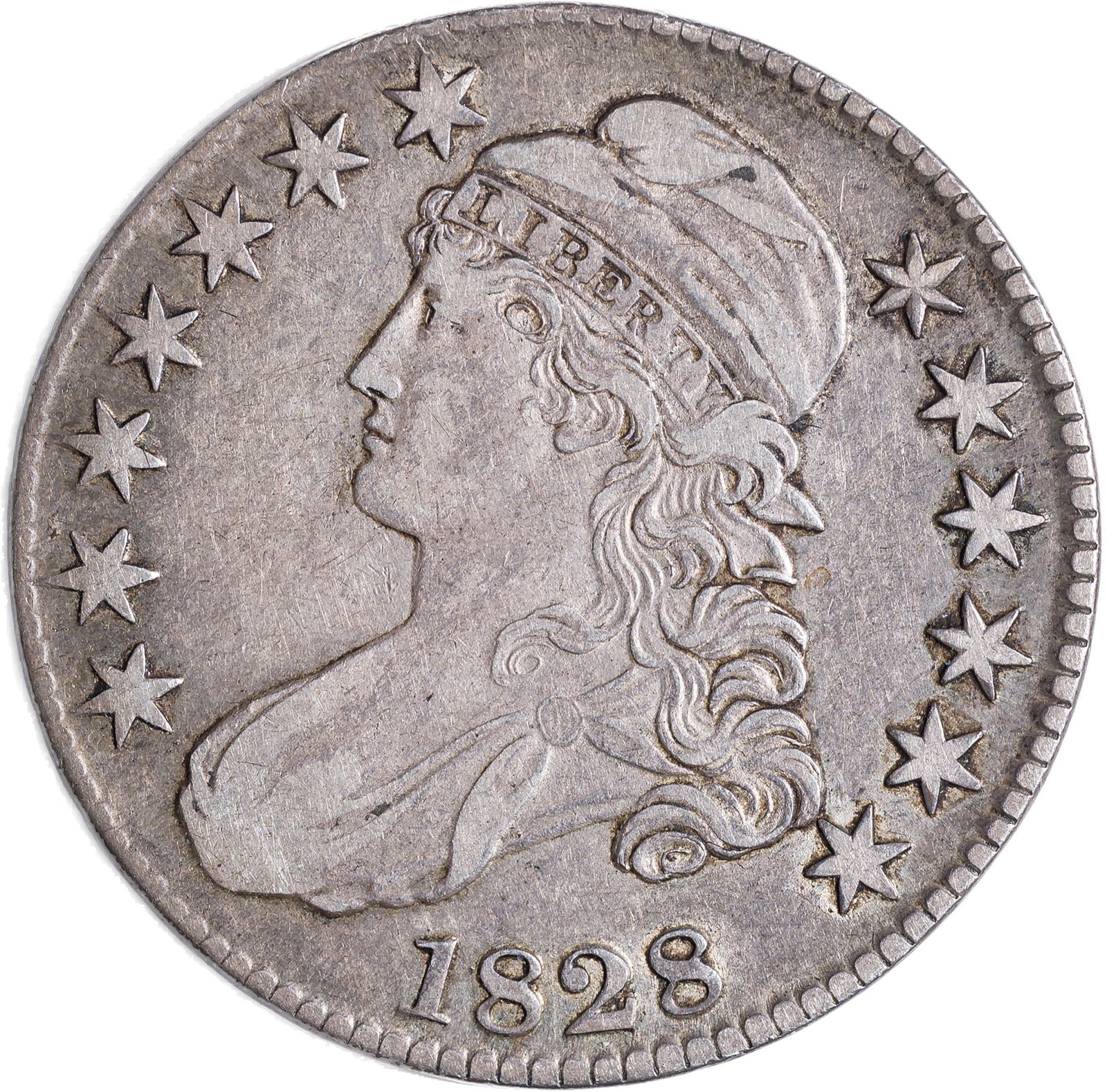 EF-45 1828 Bust Half Dollar: Small 8, Large Letters. Mark-free soft golden-gray surface enjoy some luster in the recessed areas.