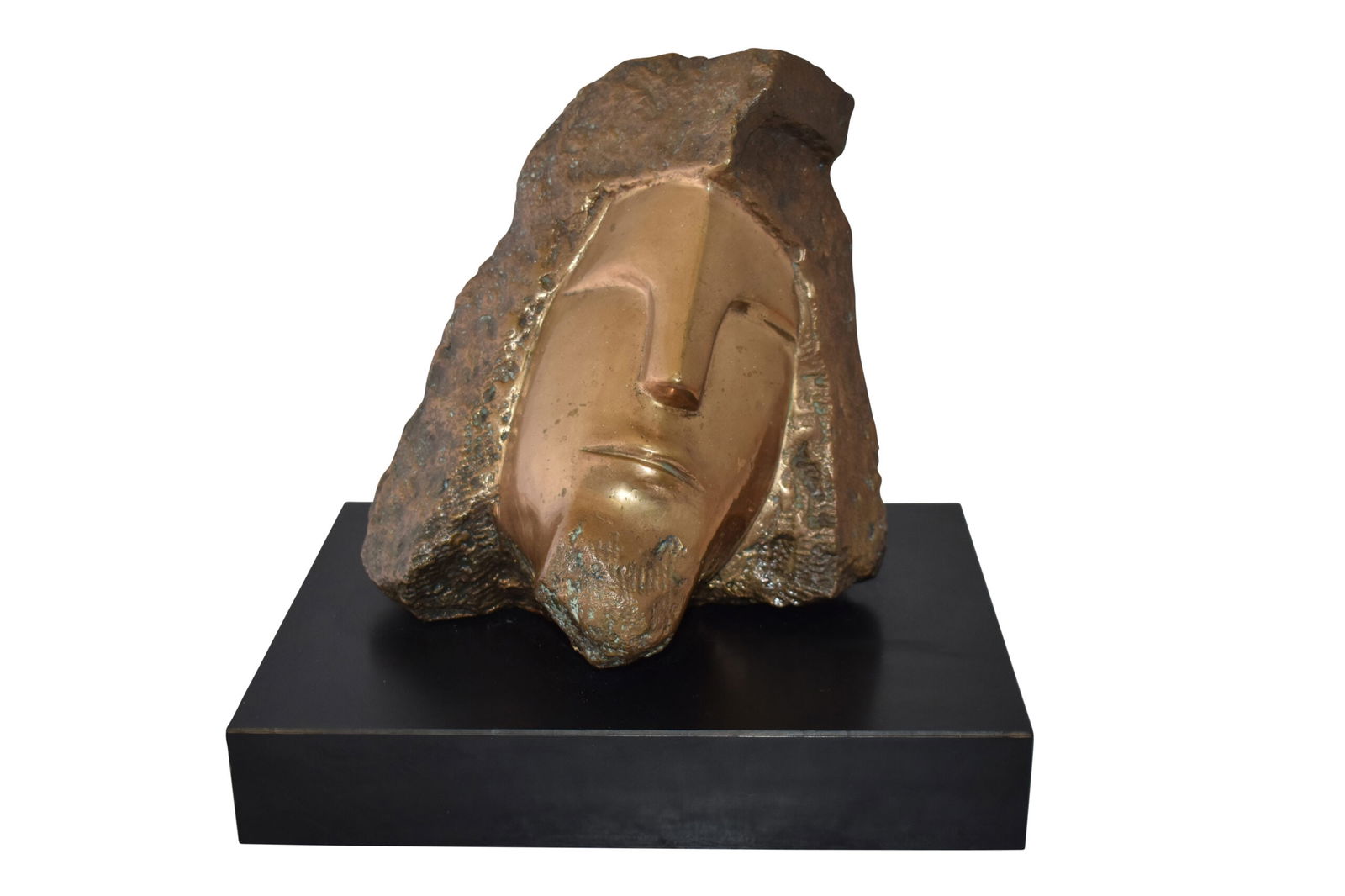 Original Marilyn Newman Bronze Statue Titled the Pharoah Size: 40" x 27" x 23"H: This original Marilyn Newman statue tells the story of the Egyptian Pharoah. With carefully carved facial features and an angled posture sitting atop a black base, it is sure to bring both history and