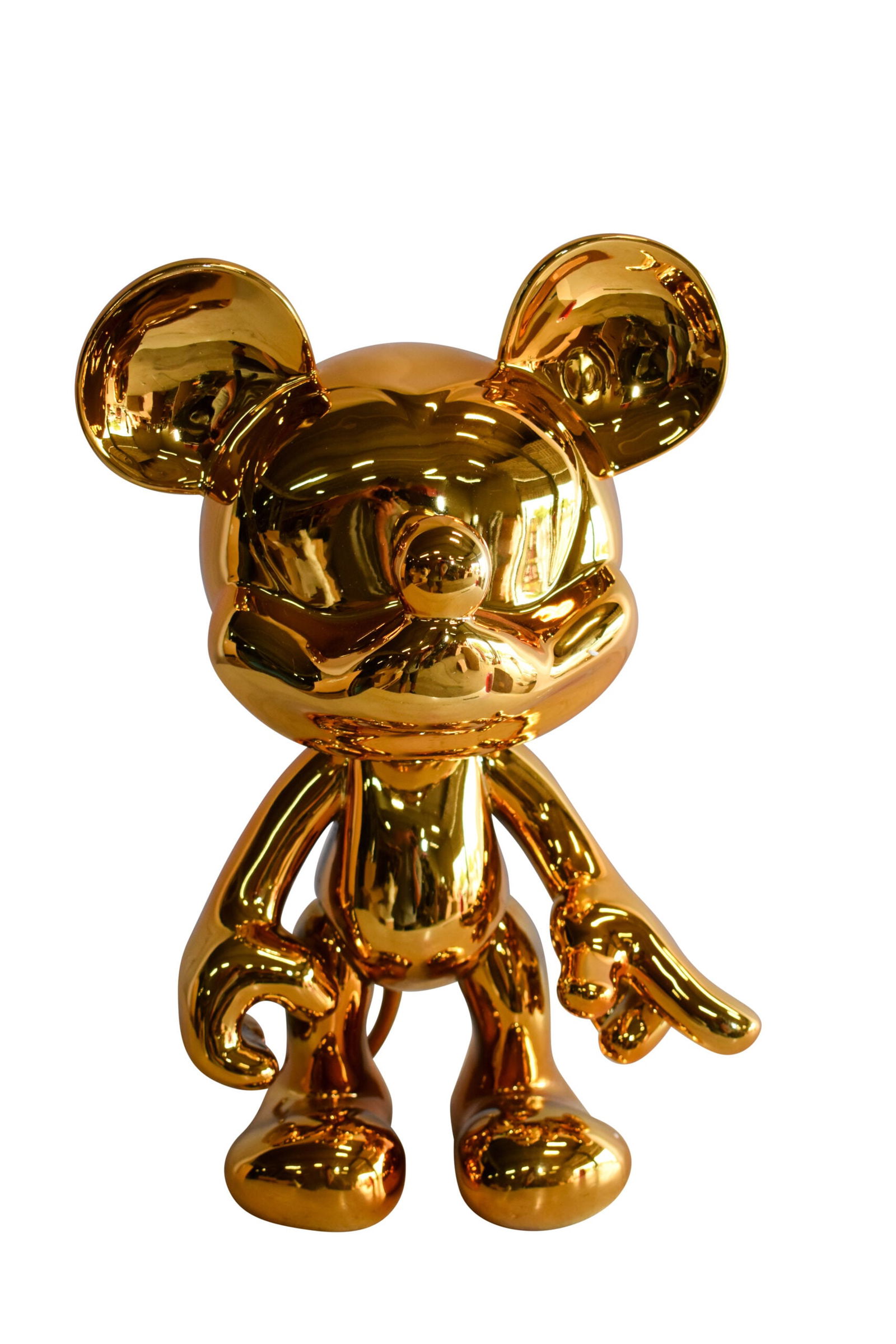 Gold Chrome Mickey Mouse Resin Statue 12" x 9" x 16"H: Enjoy this adorable resin statue coated in gold of Mickey Mouse. This modern and adorable small work of art would be a great addition to your home. Utilizing the method of resin casting, in which a mo