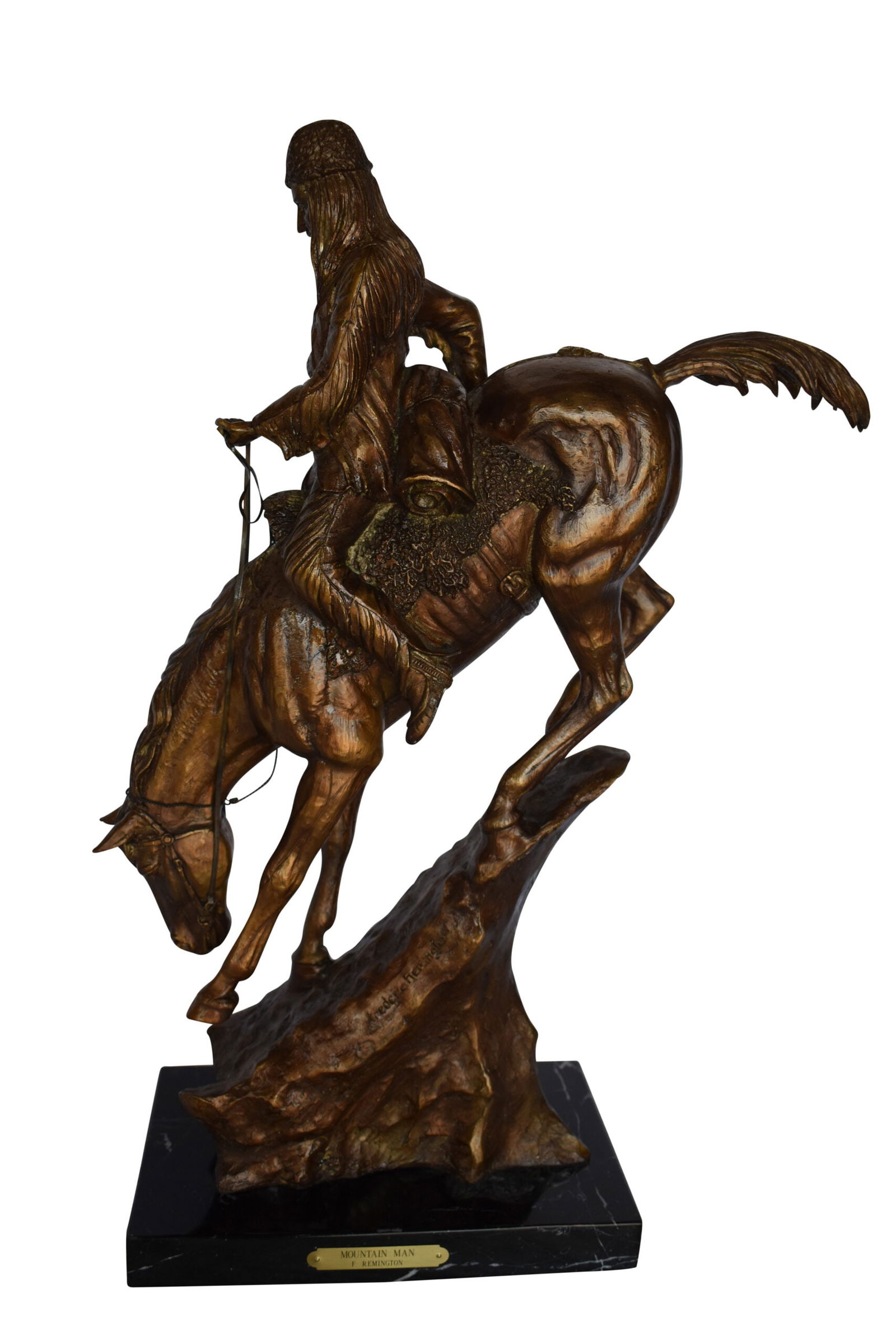 Mountain Man Bronze Statue, a Remington Replica - Size: 18"L x 8"W x 28"H.: This is a medium size, pure bronze Statue of the Mountain Man replica by Frederic Remington mounted on a marble. The Mountain Man depicts a dramatic moment in the daily life of a frontier trapper, in