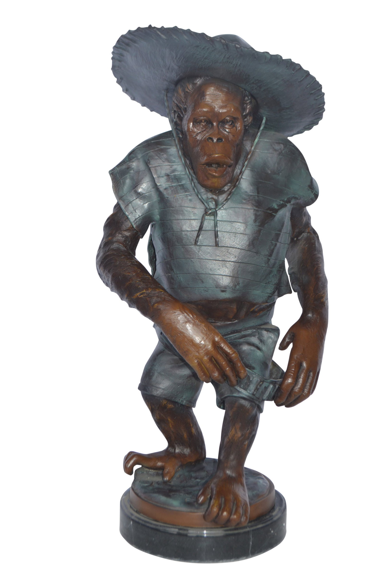Monkey Cowboy bronze statue - Size: 14"L x 12"W x 29"H.: This humorous bronze statue is of a monkey dressed in a cowboy outfit. With a cowboy hat atop his head, this work of art is sure to attract smiles and laughter. The artist used a process known as enam