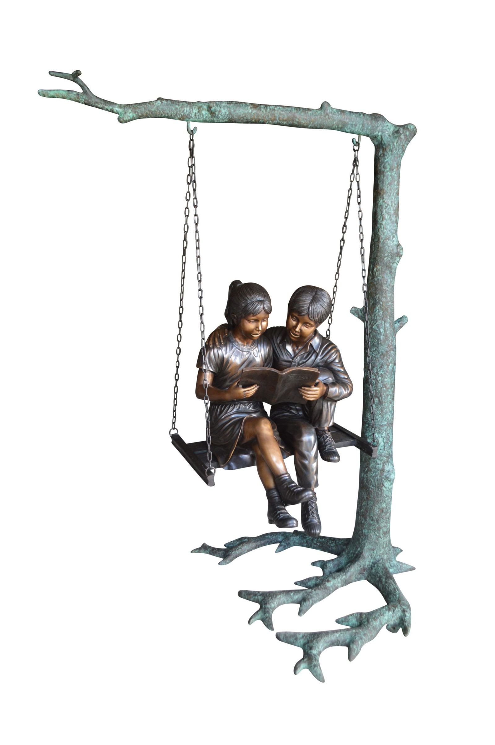 Kids on Swing Set Reading a Book Life Size Bronze Statue - 50"L x 40"W x 70"H.: This real life size boy and a girl siting on a swing reading a book bronze statue depicts childhood play and spend time in the old days (when kids did not have smartphones). The bronze tones are finis
