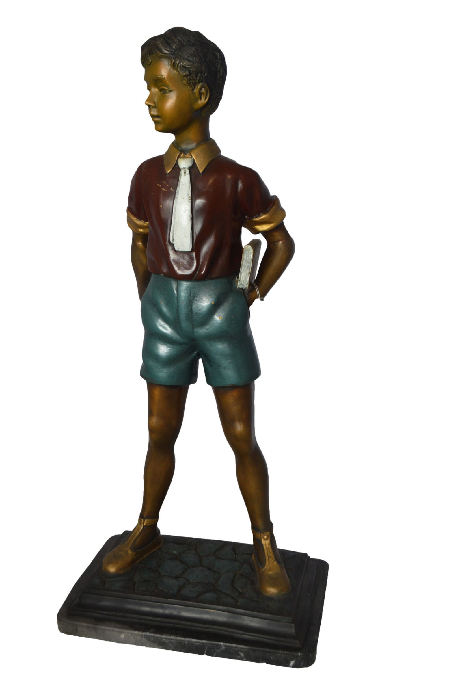 Kid Holding a Book Bronze Statue - Size: 18"L x 11"W x 36"H.: Magnificent large size bronze statue of a well-dressed boy standing with his book under his arm mounted on a marble base. The joy of youth, lost in a book and putting thoughts to paper, will make your