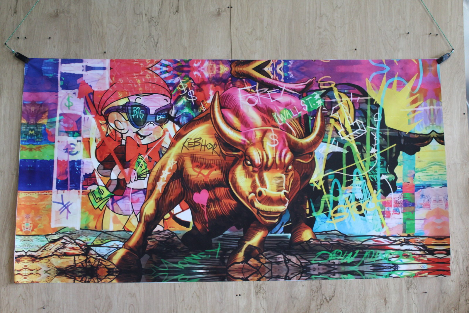Monopoly and Wall Street Financial Bull Pop Art Unstretched Canvas, 84"x44": This giant canvas combines Monopoly with the Wall Street financial bull in a vibrant pop art style. The bold artwork adds a modern twist to classic themes making it an exciting piece for any space. Th