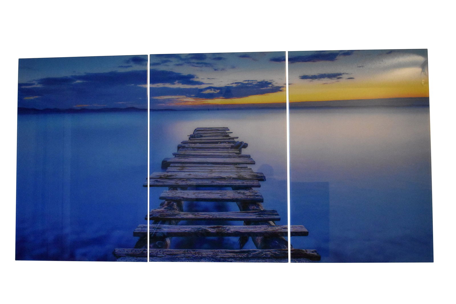 The Mystic Pointe Picture on A Large Three-Piece Acrylic Size: 1" x 78" x 39"H: Enjoy this 3-piece, large size wall mounted acrylic picture of a beautiful looking view of an old peer on the ocean with the water and the sunset in the background. A modern acrylic (plexiglass) print