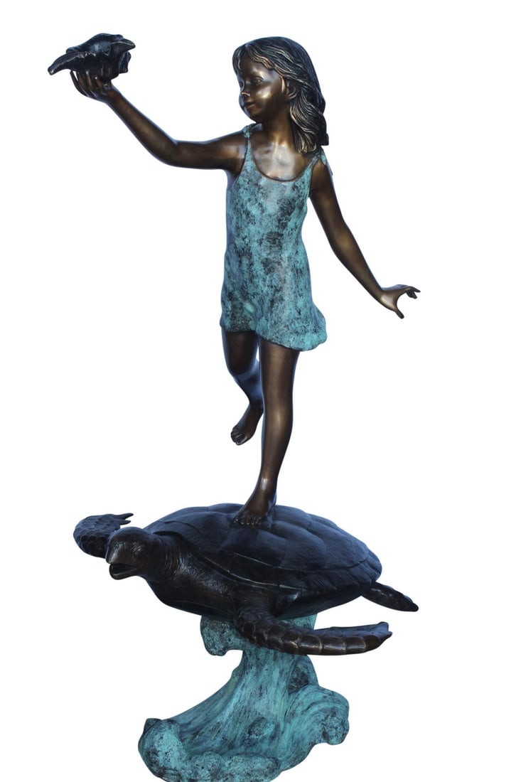 Adventurous girl on a turtle bronze statue fountain - Size: 35" x 29" x 56"H.: This bronze statue fountain depicts an innocent scene of a young girl and her love for the sea. In this statue, you can easily see her connection with the water and creatures, specifically the turtle