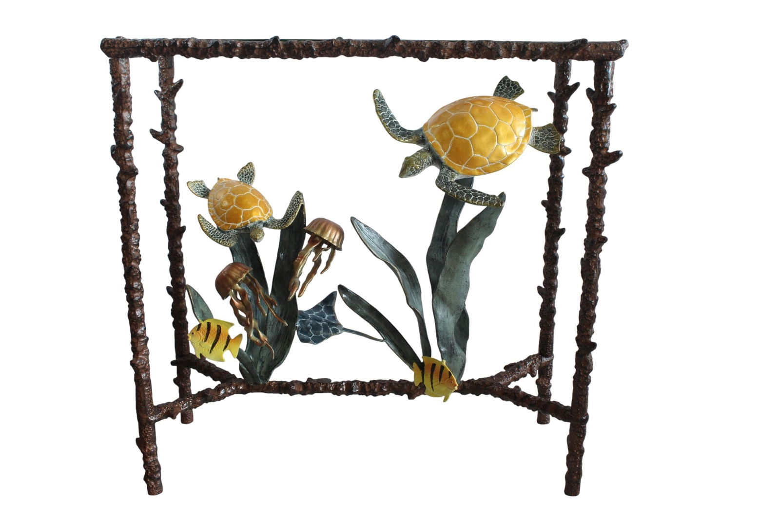 Aluminum Sea Turtle Console Table Base Coastal Art 34" x 15" x 33"H: Handcrafted aluminum console table base featuring sea turtles gliding through seagrass with coral textured supports. The sculptural design brings ocean energy to entryways and living spaces while the