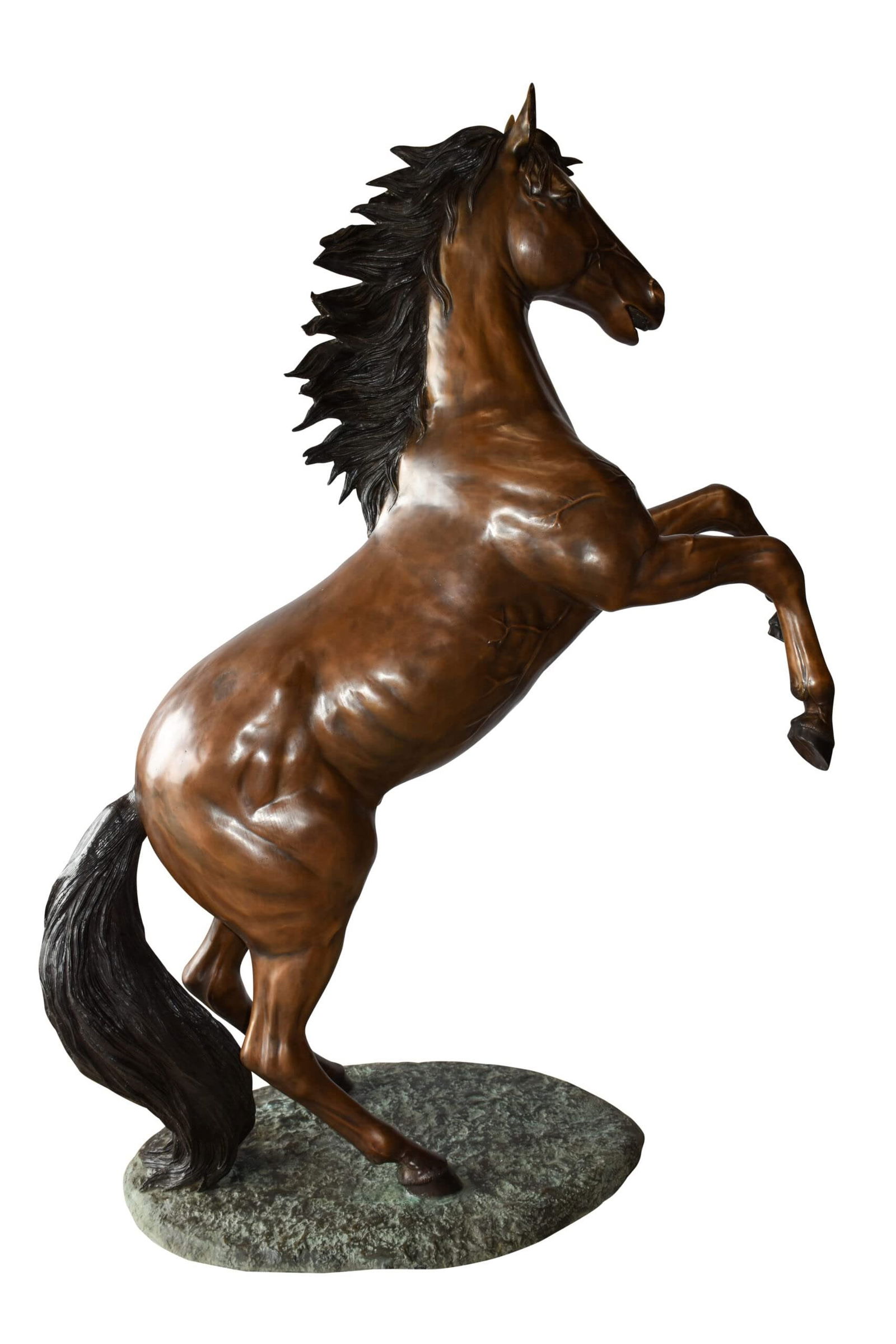 Graceful Life-Sized Horse on Hind Legs Bronze Statue Size: 72" x 34" x 88"H: Here is a magnificent, impressive life size bronze statue of a rearing horse. The sculpture is cast in the traditional lost-wax method, which highlights the exceptionally fine detail and lasting heirl
