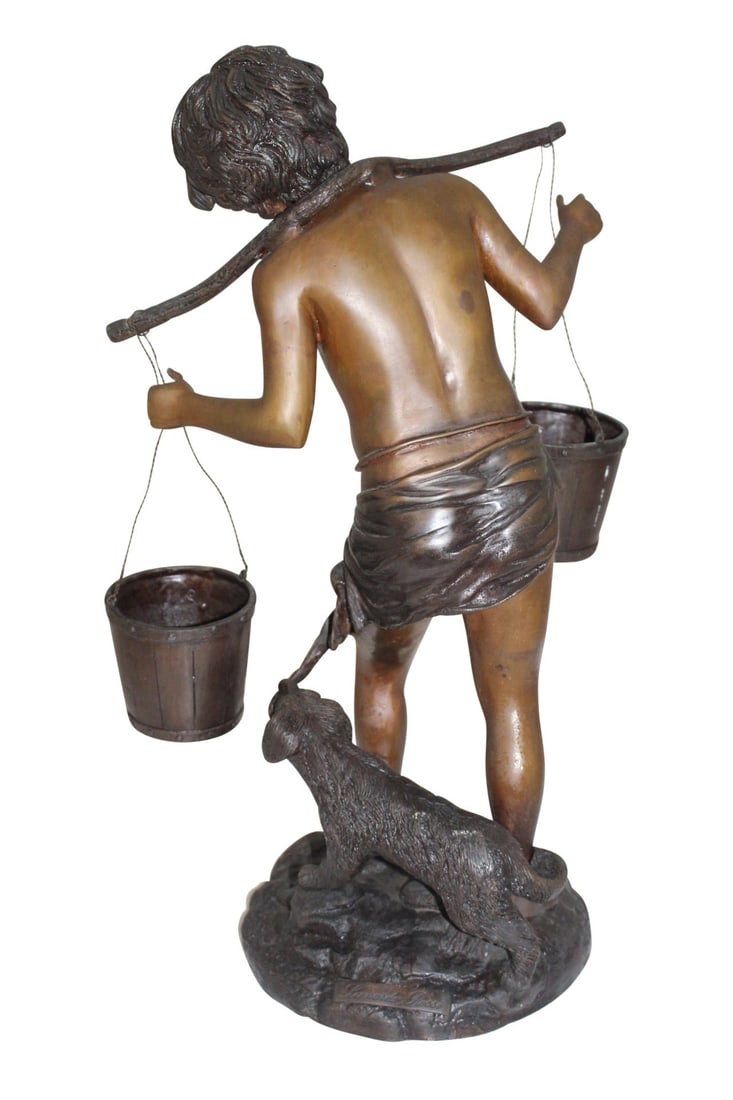 Boy with two buckets Bronze Statue - Size: 14.5"L x 10"W x 23"H.: Bronze Statue of a young boy with 2 Buckets of water walking back to the farm! Hand Crafted design with an extraordinarily realistic appeal; lasting luster material for all sorts of outdoor decor conc
