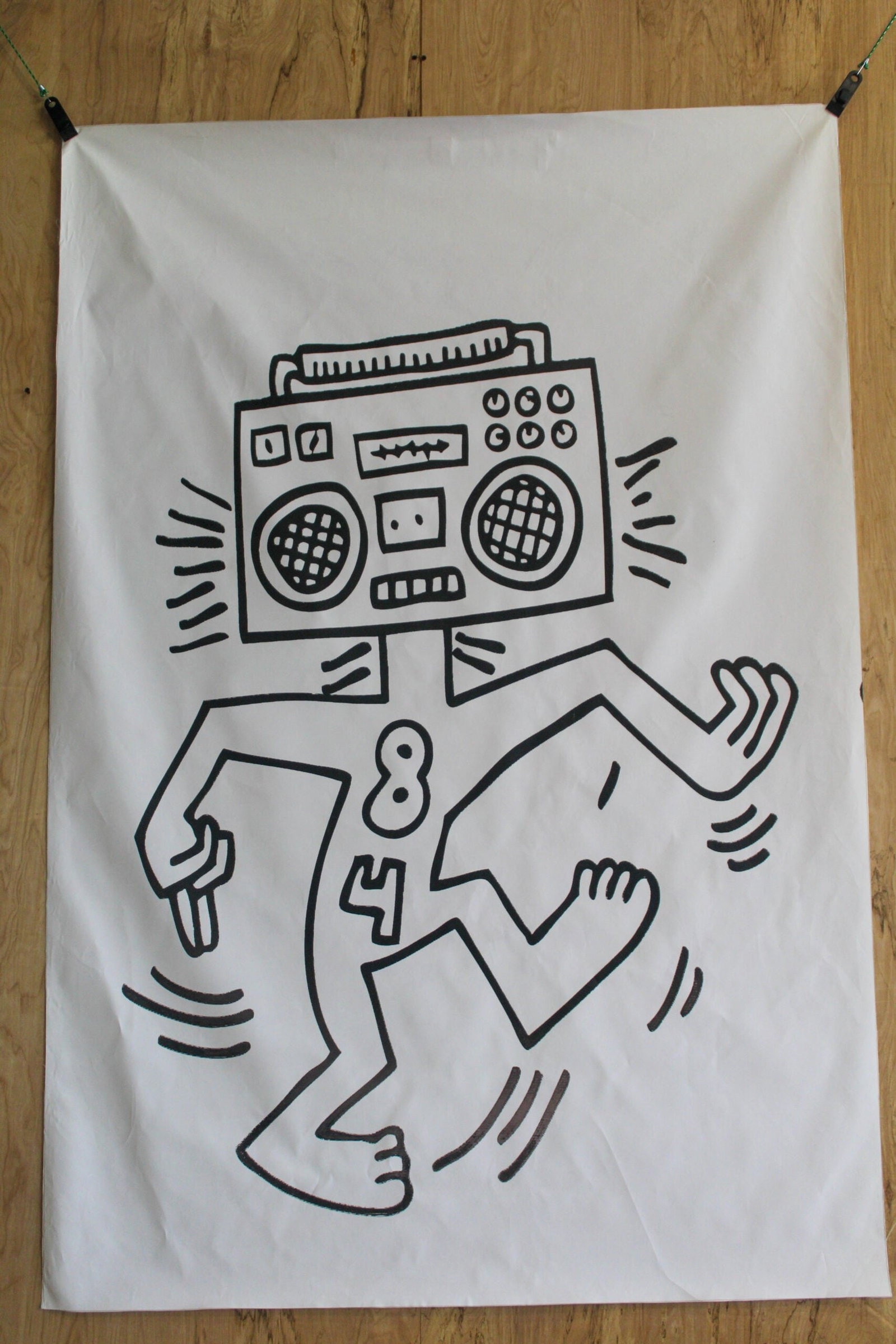 Giant Boombox Head Graffiti Style Pop Art Dancing Figure, 50"x74": This giant black-and-white pop art piece features a dancing figure with a boombox for a head in bold graffiti style. Radiating energy and rhythm, the artwork captures the spirit of street culture and 