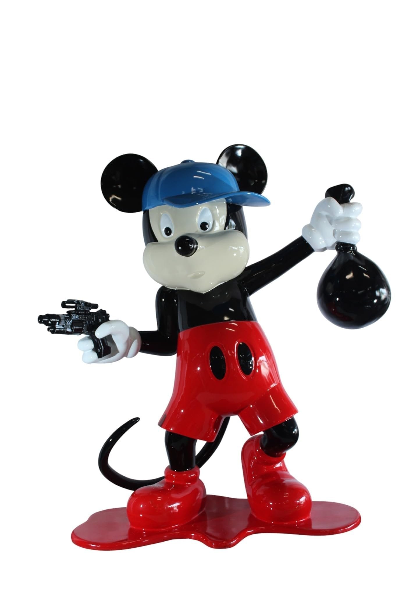 Giant Cartoon Mouse Sculpture with Money Bag Pop Art Resin Statue 45"x20"x50"H: This bold oversized sculpture features a classic cartoon mouse character in a contemporary street art style. The piece showcases nostalgic design elements with glossy black body vibrant red shorts and