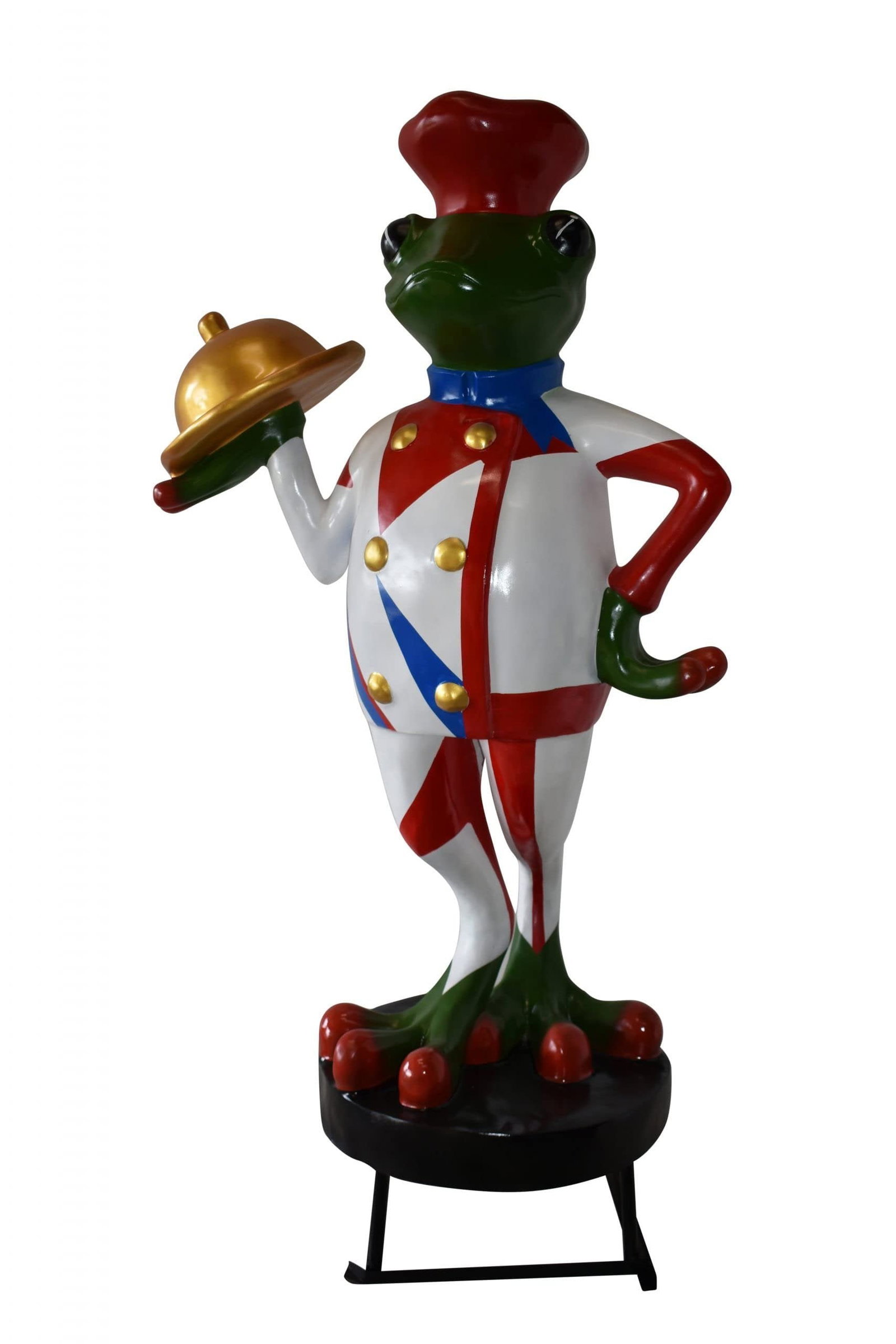 Giant Frog Chef Made of Resin Good for Outdoors Size: 41" x 30" x 70"H: Decorate your garden with this beautiful giant resin statue of a colorful happy Frog Chef featuring in a natural form. This resin statue is built for outdoors, the metal base can be buried in the grou