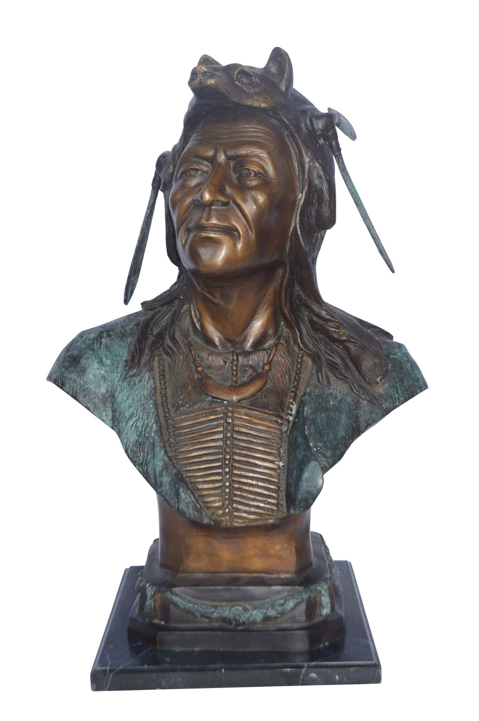 Indian Tribe Leader Bust bronze statue - Size: 22"L x 15"W x 32"H.: This bronze statue of an Indian tribe leader carries immense power and strength in the detail of it. From the hai to the green patina finish of his bust, the work of art is sure to create conversation