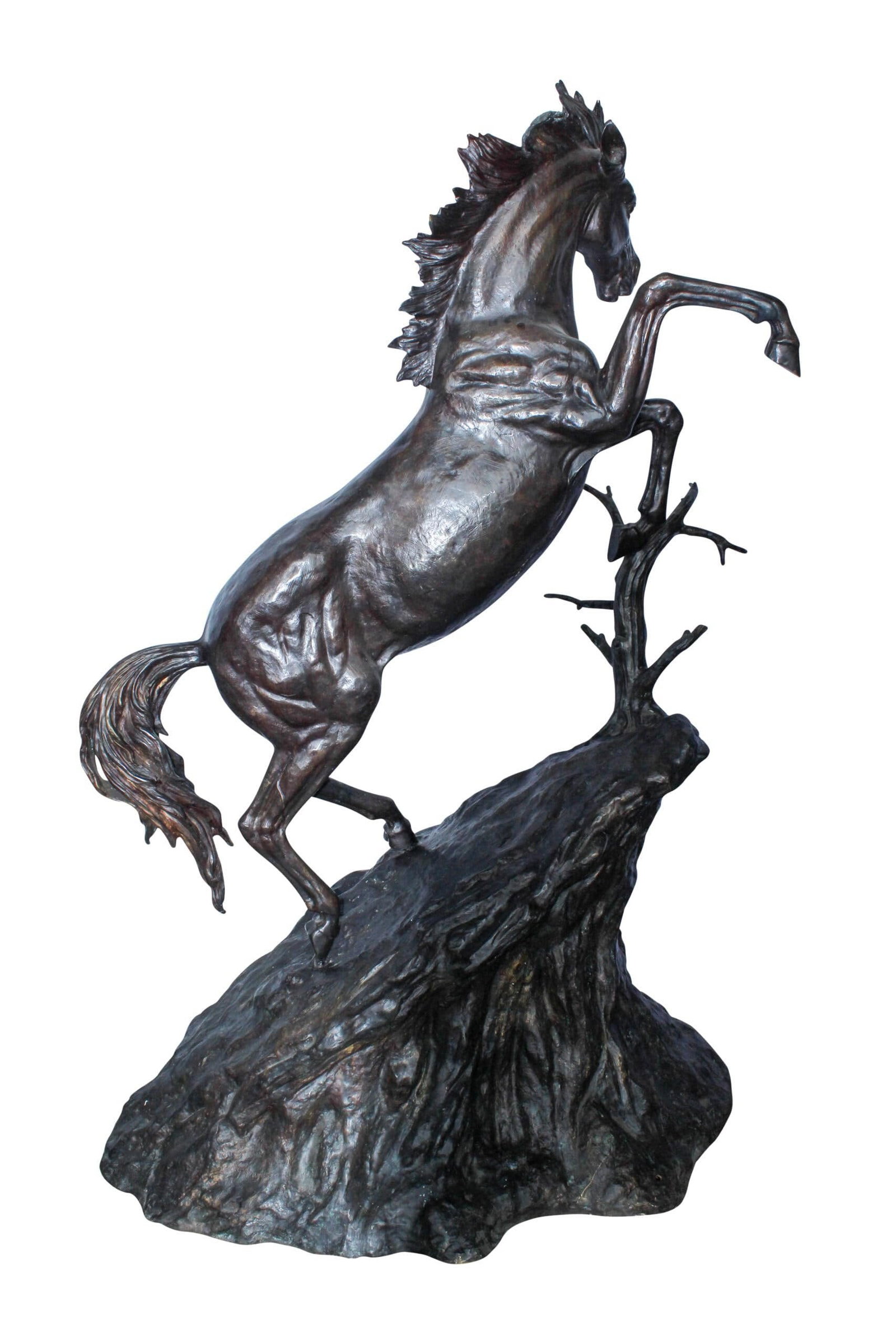 Life Size Bronze Rearing Horse Sculpture by J. Dagan 60" x 37" x 81"H: This powerful life size bronze sculpture by artist J. Dagan features a rearing horse full of strength and motion. Cast using the lost wax method, it displays dramatic detail from the flowing mane to t