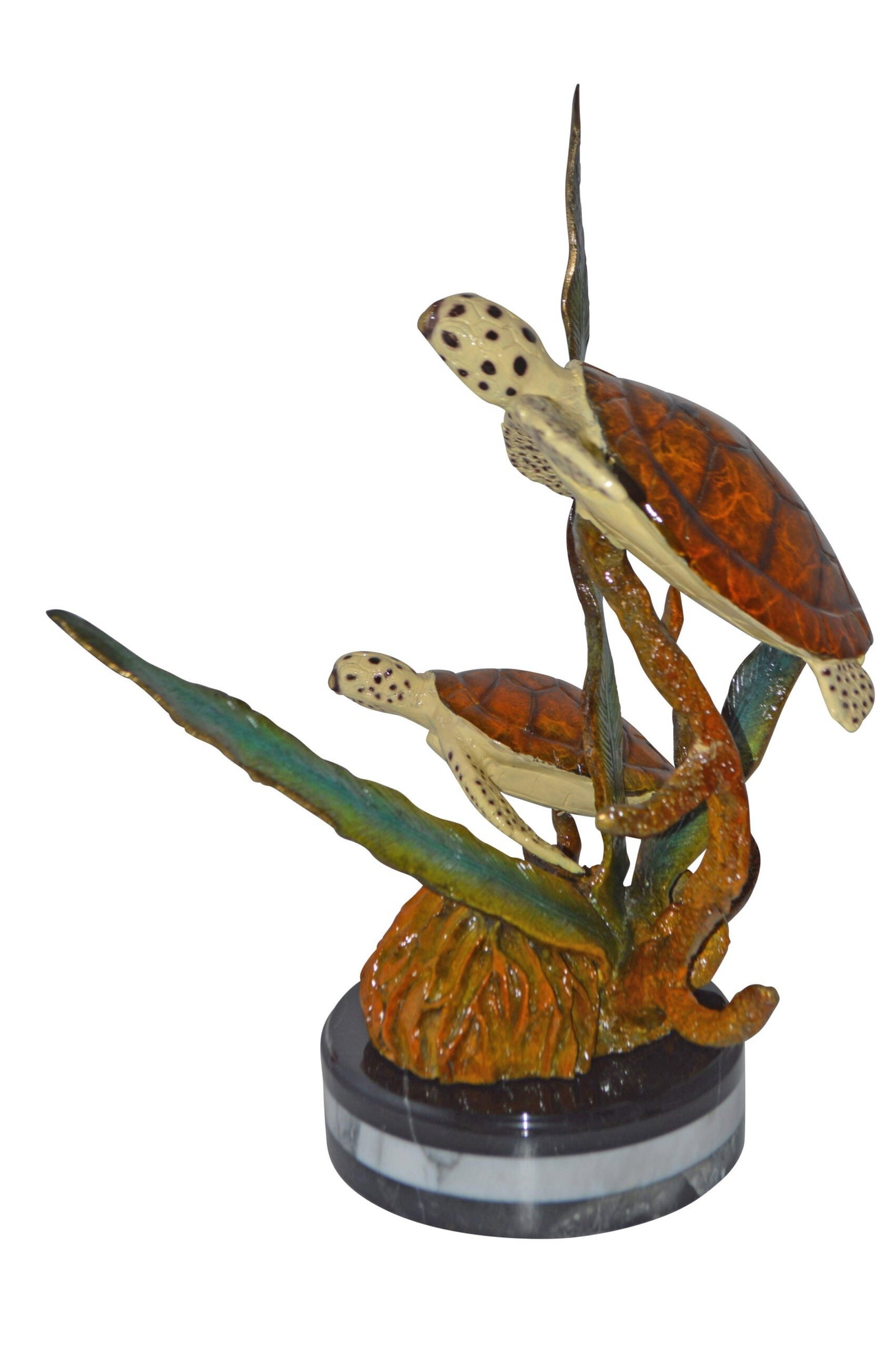 Two Brown Sea Turtles Swimming Bronze Statue - Size: 12"L x 16"W x 19"H.: This Tabletop bronze statue represents a beautiful scene of the ocean, almost taken out of Finding Nemo Movie. The turtles are displayed with bright colors through the use of enameling over bronze. Th