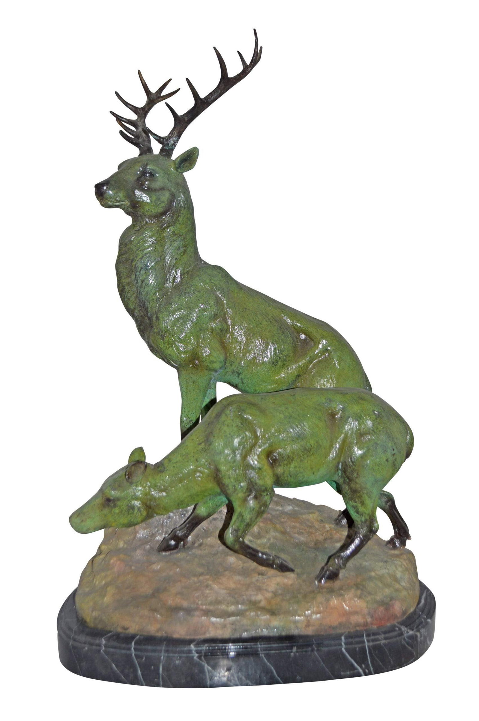 Two Deers Bronze Statue with a Green patina finish - Size: 15"L x 22"W x 32"H.: This beautiful bronze sculpture of two deer with a green tone finish, will impress any visitors to your home. The elegance of the older deer standing proud and majestically in contrast to the sweet in