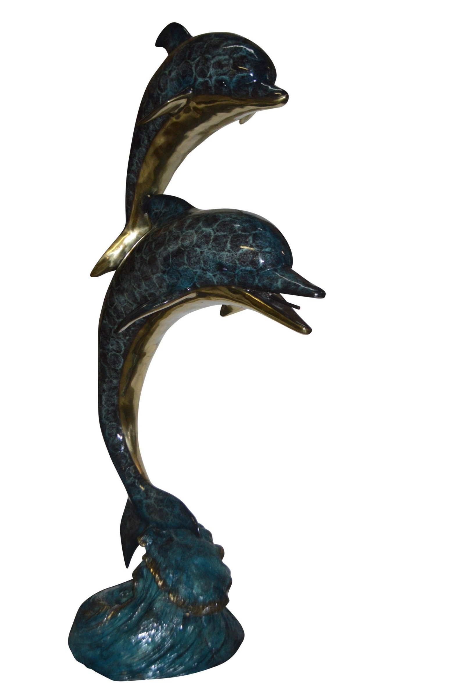Two Dolphins Overreach Others on Waves Bronze Statue - 44"L x 23"W x 76"H.: Surprise your garden guests with this large size outdoor Bronze fountain Statue of two Dolphins jumping out of the water. Each one of the dolphins is equipped with a hose that sprays water out of thei
