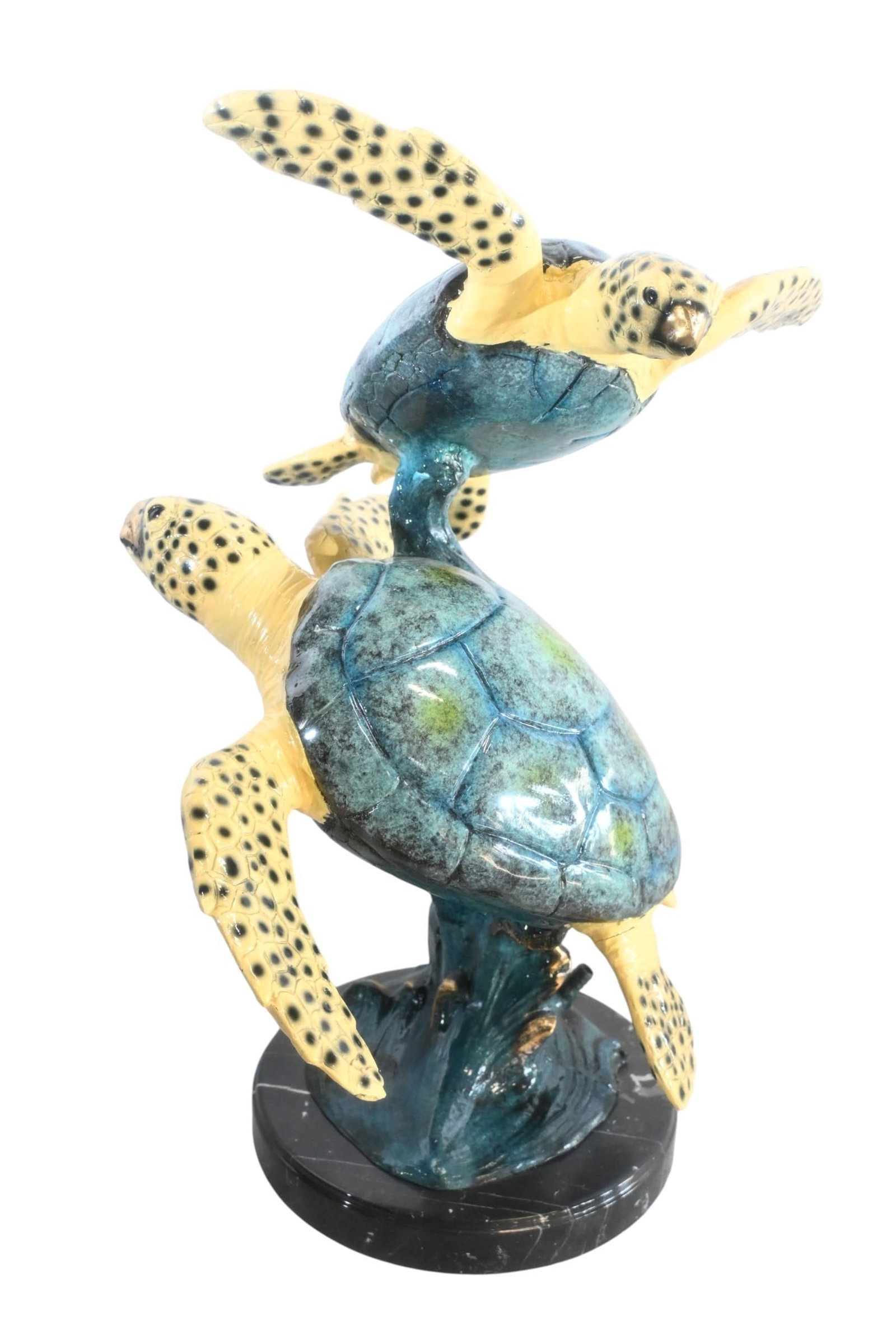 Two Sea Turtles Bronze Sculpture Vertical Swimming 23"x16"x28"H: Captivating bronze sculpture featuring two sea turtles ascending in vertical formation crafted using the traditional lost wax method. This dynamic piece showcases hand painted blue green shells with y