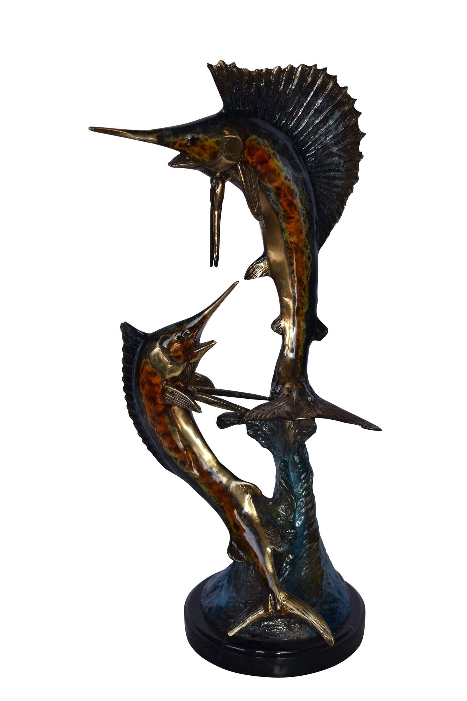 Two Swordfish Swimming in The Ocean Bronze Statue - Size: 11"L x 10"W x 22"H.: No lover of timeless sea lore and the mysteries of the deep sea can resist this incredibly detailed statue of a pair of swordfish, diving down into the ocean. Handcrafted and casted using traditional 