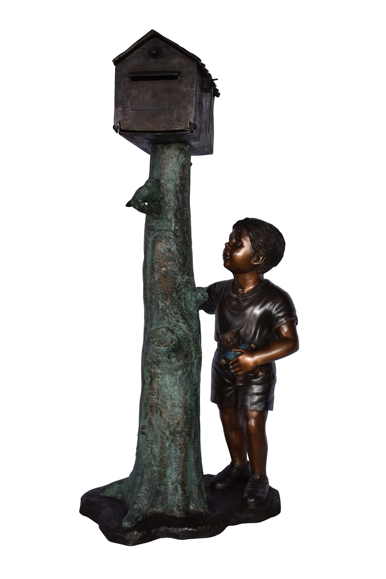 A Boy Standing by His Mailbox Looking at Birds Bronze Statue 25" x 22" x 51"H.: Magnificent large size bronze of a boy standing by his mailbox and looking at two birds that just landed on the mailbox. The joy of youth spends time like in the old days (when kids did not have smart