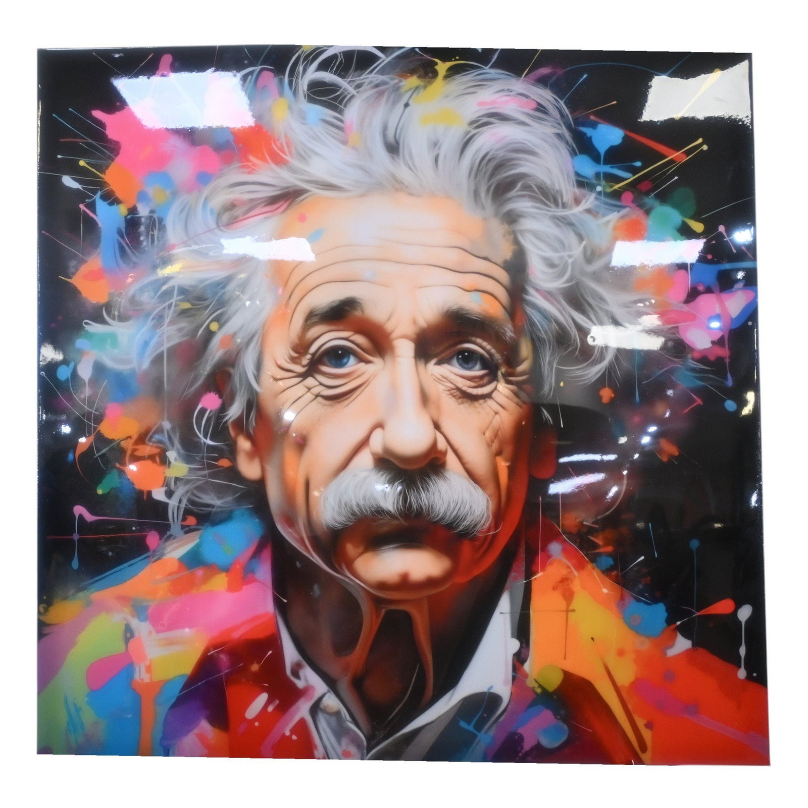 Albert Einstein Pop Art Splatter Resin Covered Canvas 40"x40": This striking pop art canvas painting portrays Albert Einstein's iconic expressive face surrounded by vivid splatters of multicolor paint against a bold black background, finished with a glossy resin 