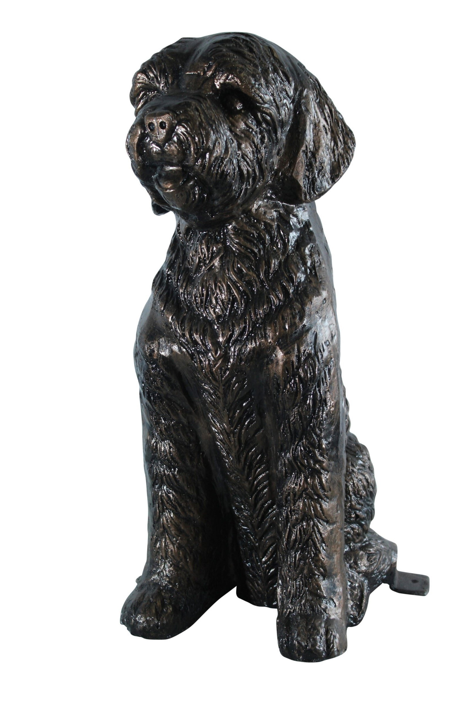 Aluminum Goldendoodle Dog Statue with Curly Fur Detail 21" x 11" x 27"H: This aluminum Goldendoodle statue captures the beloved breed's signature curly coat and gentle demeanor. Finished in a rich bronze-like tone, it adds a heartwarming touch to any space. Perfect for dog