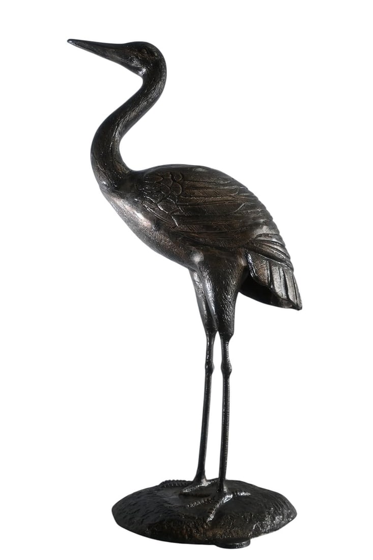 Aluminum Standing Heron Dark Bronze Patina Garden Statue 34"x24"x58"H: This cast aluminum heron sculpture stands tall with neck gracefully curved upward and beak pointed skyward in a serene and elegant pose. Finished in a rich dark bronze patina, it features intricate fe