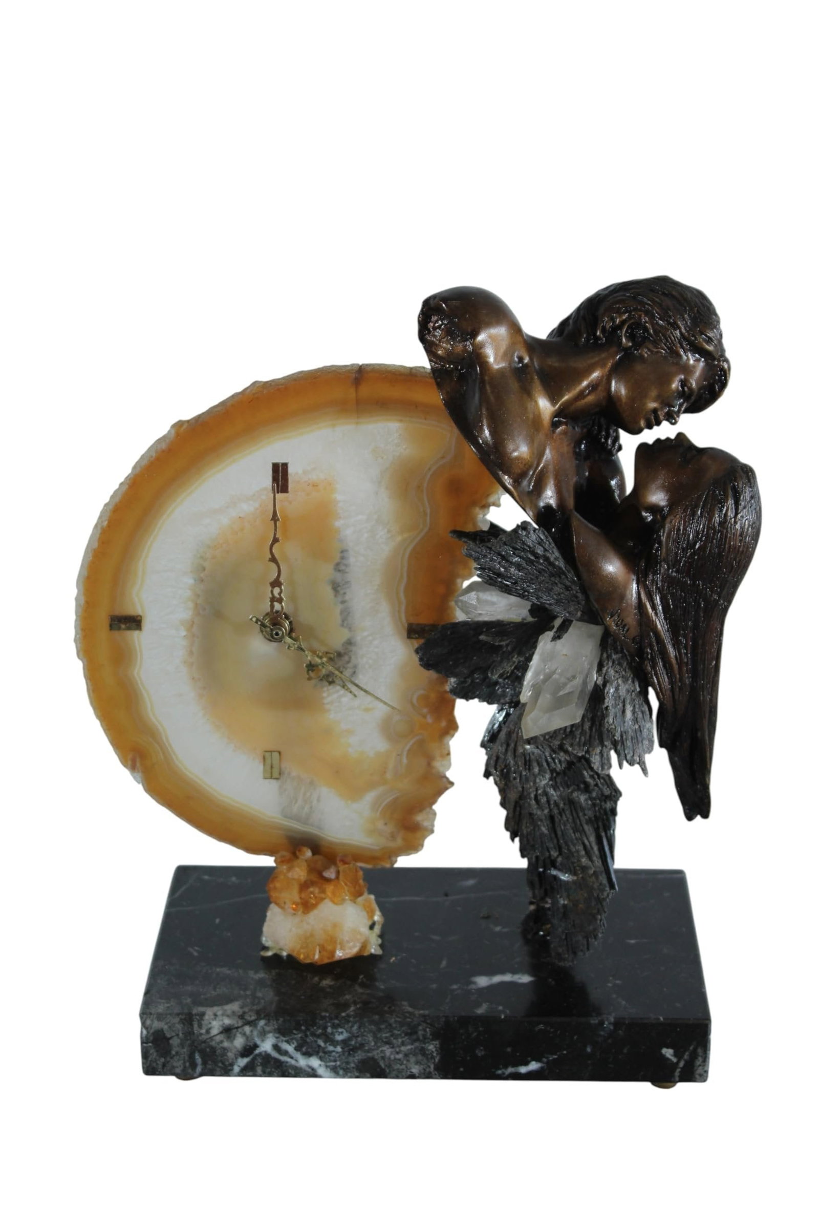 Angel Clock Sculpture with Agate Bronze Art by Vidal Spain 10"x5"x12"H: This exquisite angel clock by renowned Spanish artist Vidal combines natural beauty with fine craftsmanship. The gracefully sculpted bronze angel is set with natural agate and semi precious stones Siz