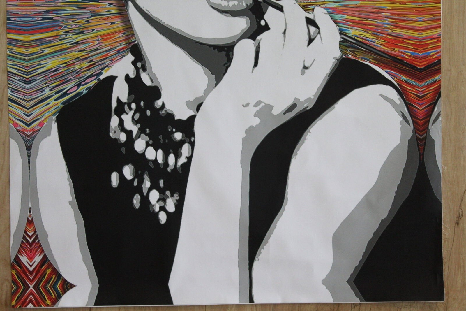 Audrey Hepburn Pop Art Unstretched Painting an Oliver Neilson Replica, 44"x64": This unstitched painting features a stunning pop art replica of Audrey Hepburn by Oliver Neilson. The vibrant colors and bold design celebrate the timeless beauty and elegance of this iconic star. Per