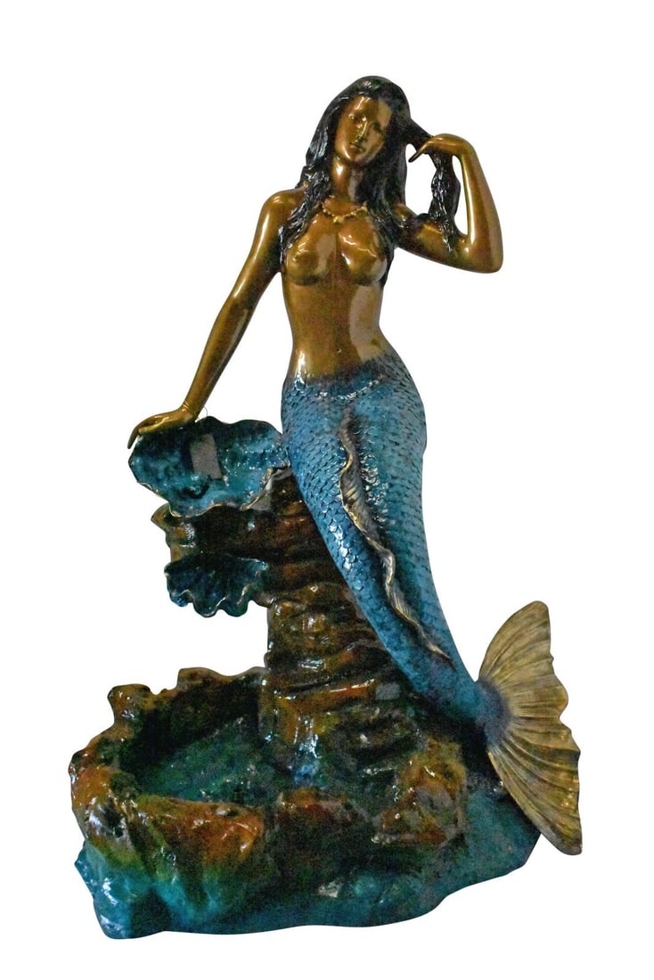 Beautiful Large Mermaid Bronze Statue Fountain - Size: 35"L x 32"W x 53"H.: Sculpted beautiful large self-contained water fountain bronze statue of a mermaid. This sculpture is an exquisitely crafted, highly detailed work of art. Water spills from one shell to another down to