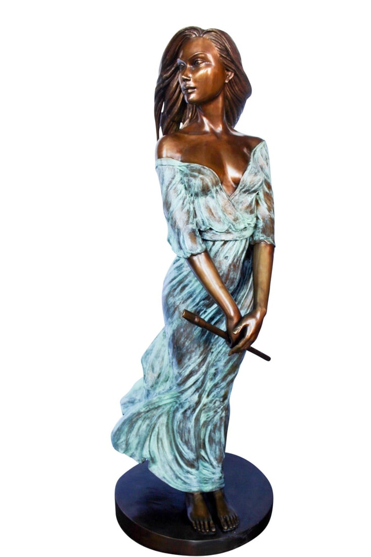 Beautifully exotic flutist women bronze statue - Size: 34"L x 25"W x 68"H.: This breathtaking bronze statue is one of our most exquisite pieces. With a dress comprised of green patina, it creates the illusion of a thin sheer dress. The beautiful woman sways peacefully in the 