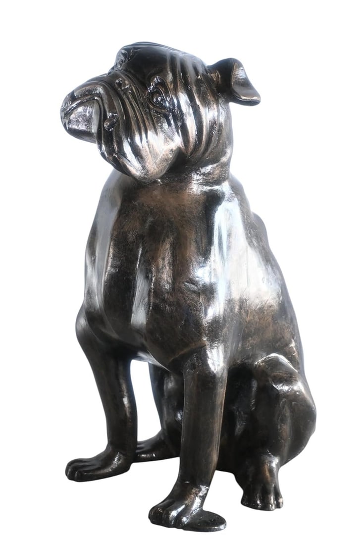 Bold Life Size English Bulldog Aluminum Garden Sculpture 22"x15"x29"H: This bold aluminum English Bulldog sculpture portrays the breed's signature stocky muscular build and deeply wrinkled face with impressive detail. The upward tilted head heavy jowls and characteristic
