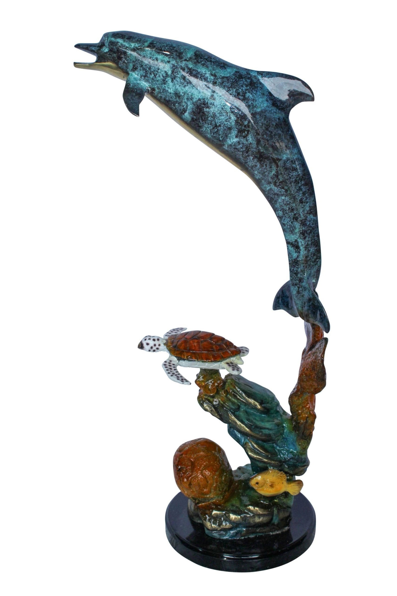 Bronze Dolphin and Turtle Statue Ocean Reef Art D?cor 8" x 13" x 25"H: This delightful bronze sculpture captures a playful dolphin leaping above a colorful coral reef with a sea turtle and tropical fish below. Rich patina and polished details bring this ocean scene to li