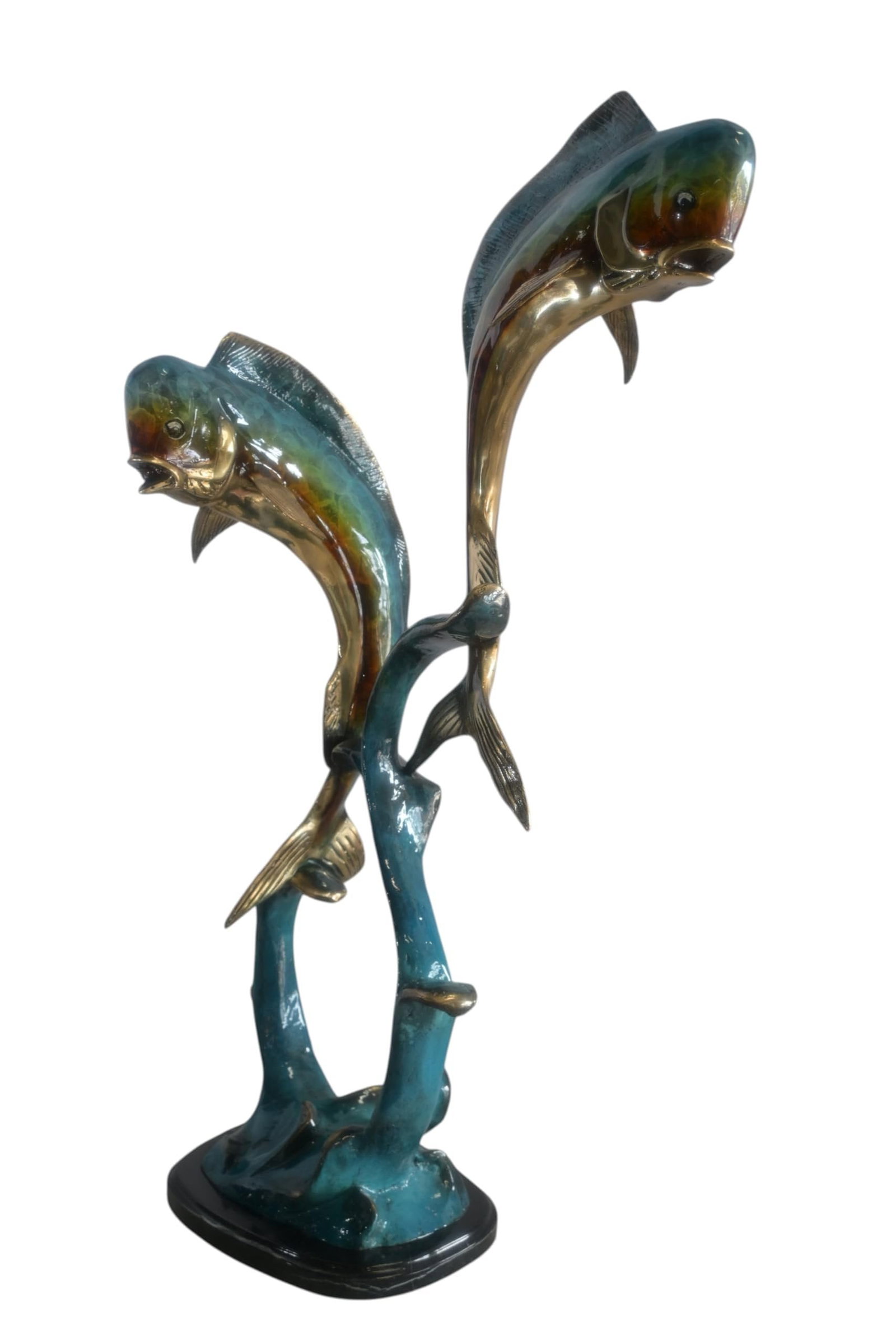 Bronze Dual Mahi Mahi Fish Sculpture on Wave Marble Base 19"x12"x35"H: This striking bronze sculpture captures two mahi mahi fish in dramatic opposing poses above an intertwining teal wave base. Each fish is finished using hand-applied enameling over bronze in vivid teal