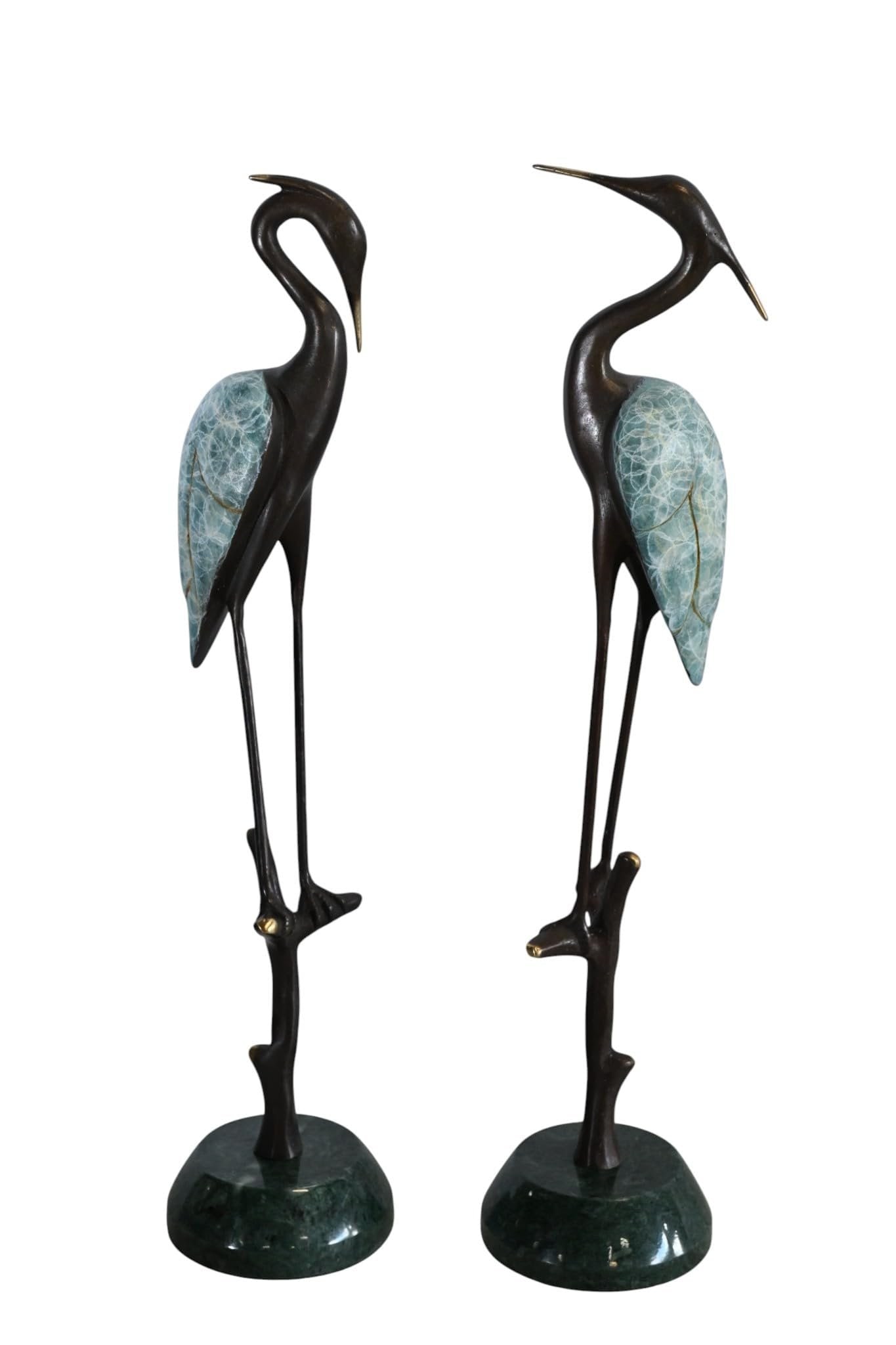 Bronze Heron Pair Statue Set Marble Base Bird Sculpture 8"x4"x17"H: Elegant bronze heron pair with graceful elongated necks perched on branches. Crafted using traditional lost wax method featuring dark bronze with striking turquoise crackle-finish bodies and gold-tipp
