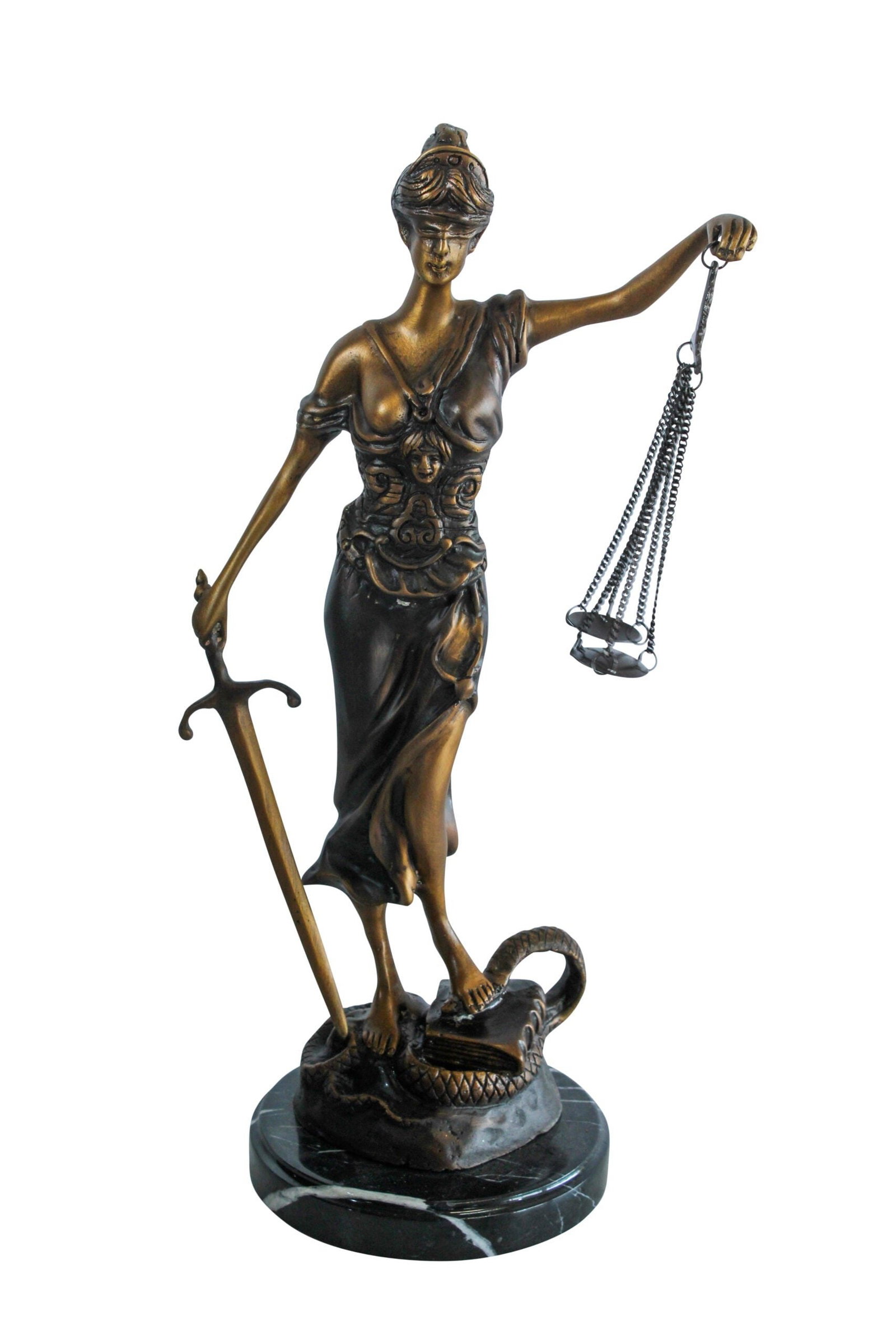 Bronze Lady Justice Statue with Sword Scales and Marble Base 9" x 6" x 16"H: This finely crafted bronze statue depicts Lady Justice holding balanced scales and a sword while standing over a serpent and book symbolizing truth and justice. Sculpted using the lost wax method the 