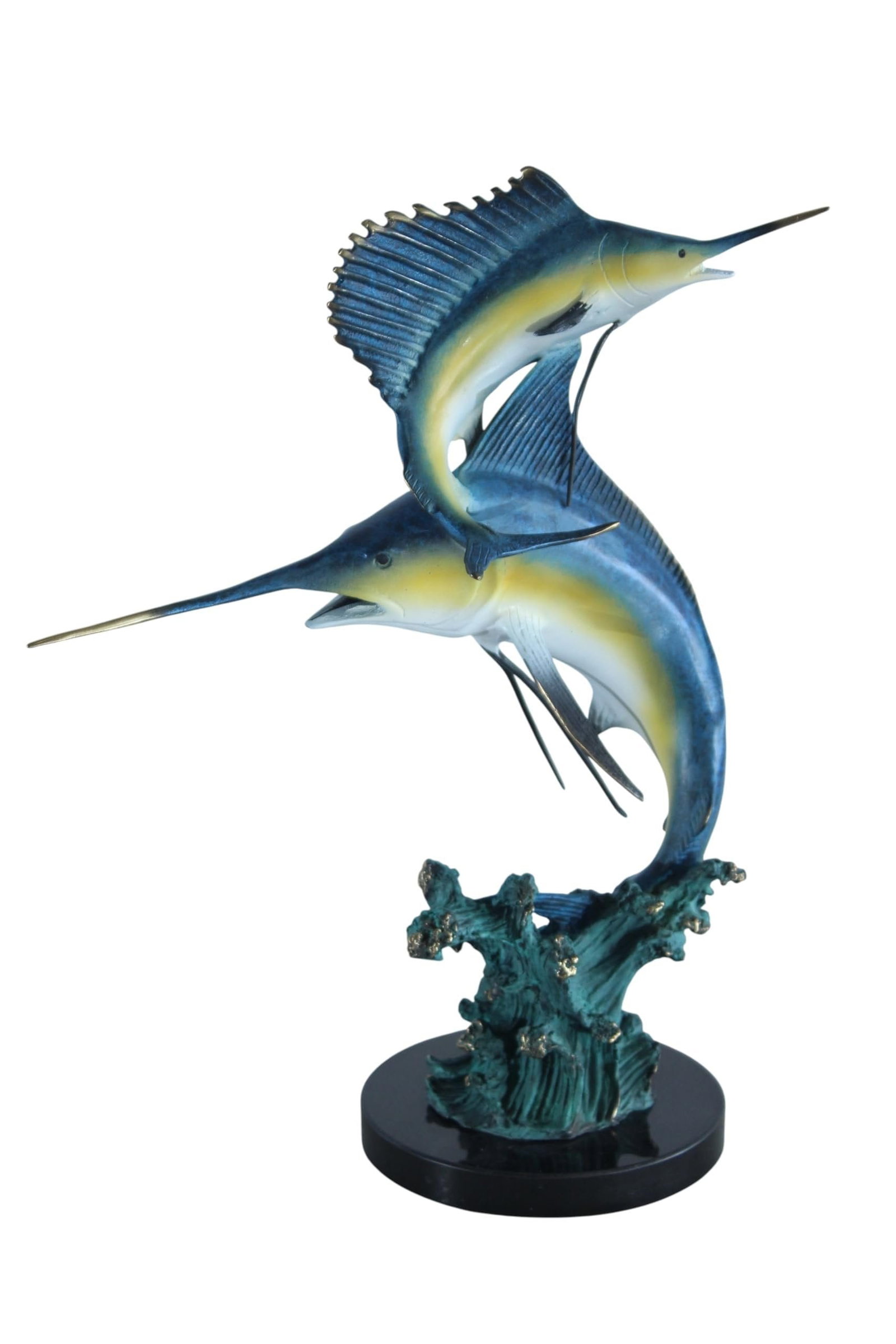 Bronze Sailfish Duo Statue on Marble Base Coastal Sculpture 13" x 7" x 15"H: Handcrafted bronze sculpture featuring two sailfish and marlin fish arcing above a reef form and mounted on a polished marble base. The lost wax process captures fin and bill textures while the hand f