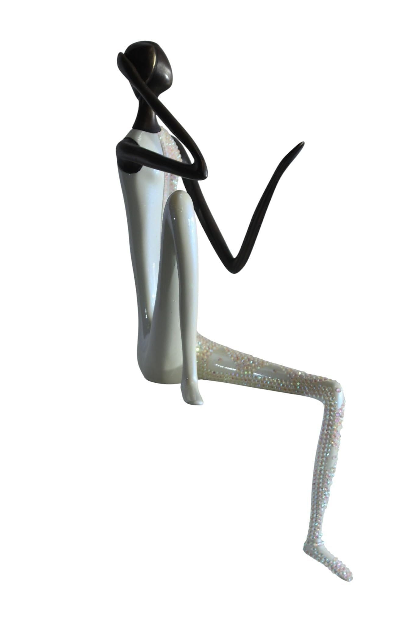 Bronze Statue Fragments of Love by Liliana Mendez 10"x5"x20"H: Exquisite bronze sculpture titled Fragments of Love by celebrated artist Liliana Mendez. This captivating piece features an elongated seated figure in a graceful contemplative pose adorned with delica