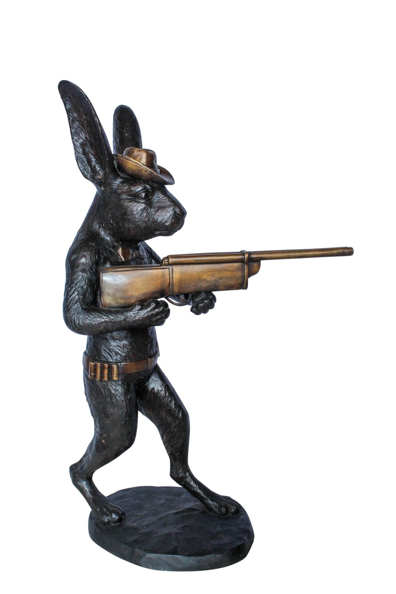 Bronze Statue of Cowboy Rabbit Holding Rifle 22" x 13" x 35"H: This whimsical bronze statue features a cowboy rabbit confidently holding a rifle, blending rustic charm with playful character. Crafted in exquisite detail, it showcases the rabbit wearing a cowboy h