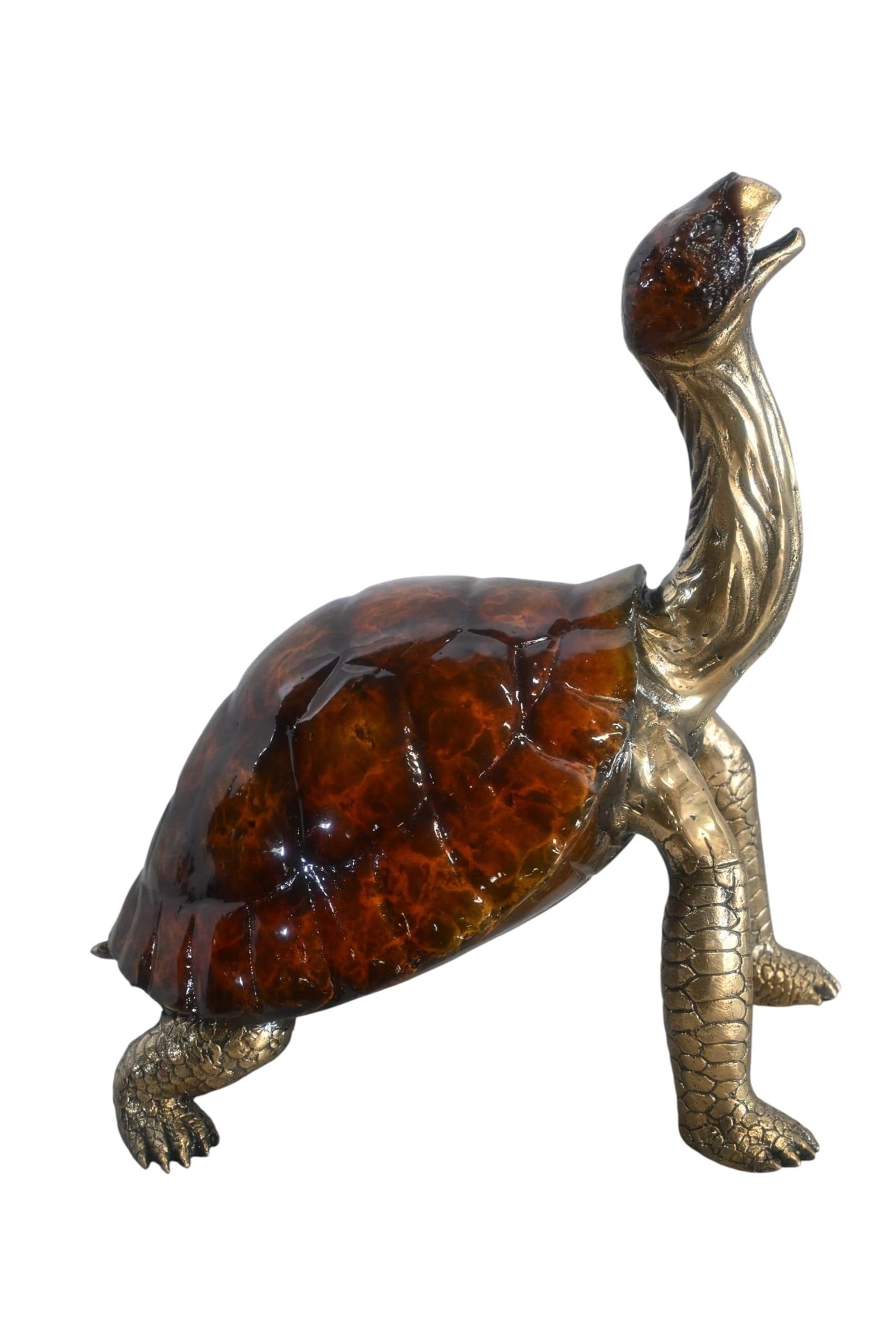 Bronze Tortoise Sculpture Amber Shell Gold Accents 12"x10"x16"H: Elegant bronze sculpture featuring Galapagos tortoise with neck extended upward crafted using the traditional lost wax method. This distinguished piece showcases beautiful translucent amber shell with