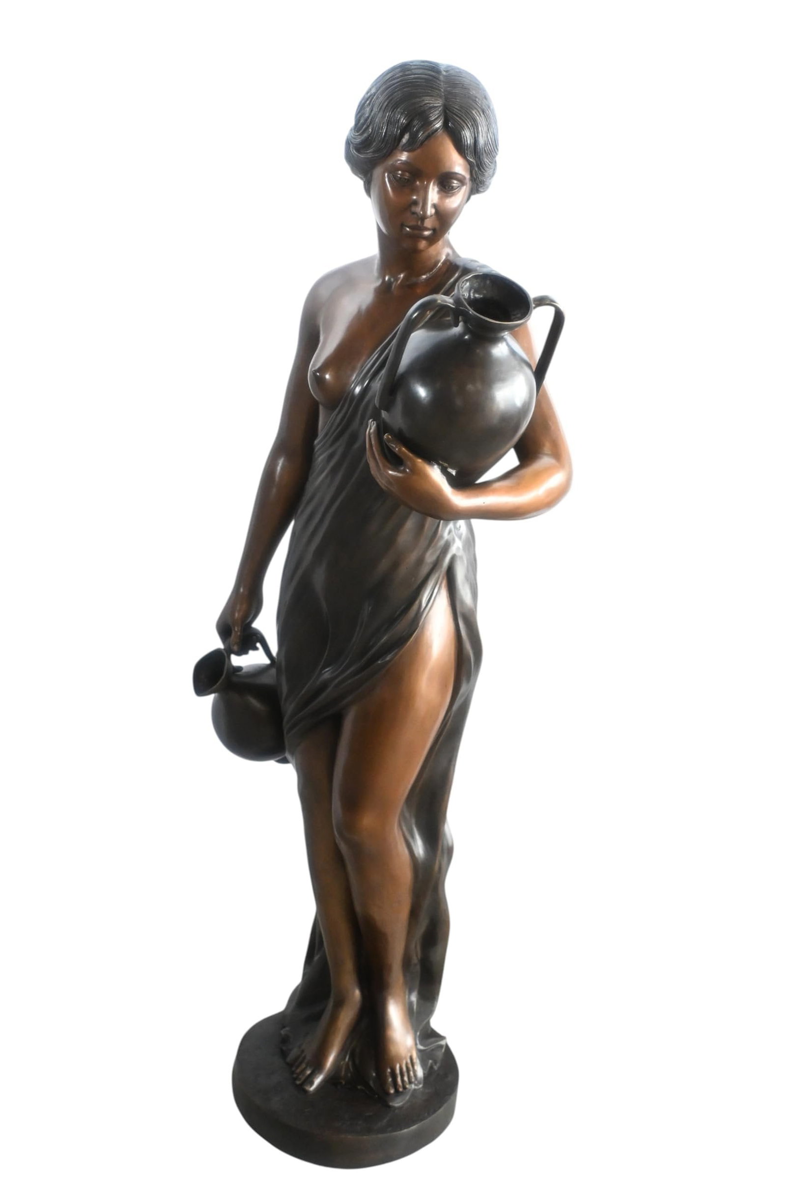Bronze Woman Water Fountain Classical Figure Two Urns 21"x17"x59"H: Stunning bronze fountain featuring a classical woman in flowing draped attire gracefully holding two ornamental urns from which water spills elegantly Manufactured using the traditional lost wax metho