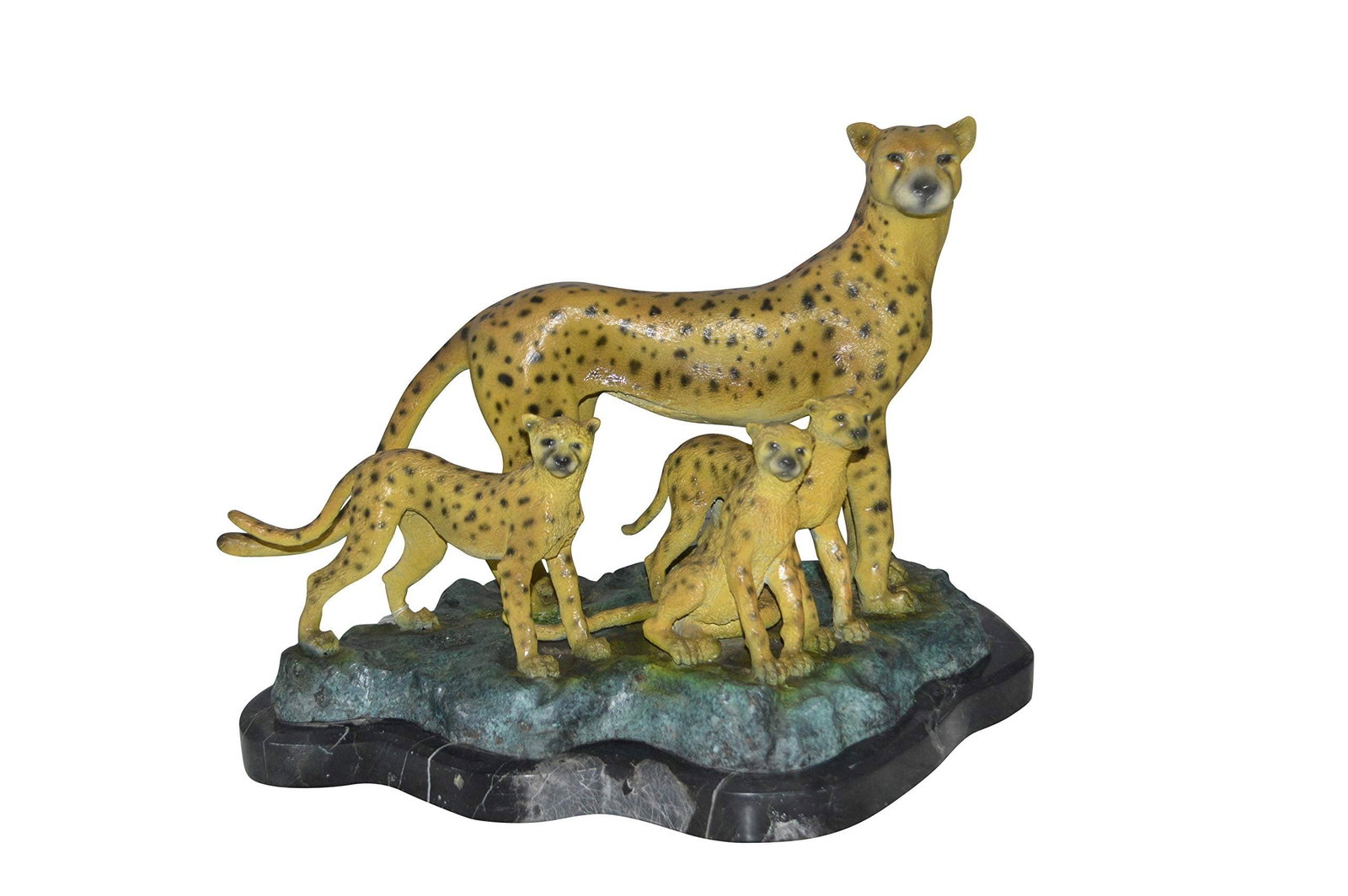Cheetah Family Bronze Statue on Marble - Size: 24"L x 14"W x 18"H.: The "Cheetah Family" sculpture is a majestic representation of one of nature's most regal creatures. With cold painted traditional stripes and golden pleated dots, this large and heavy sculpture would