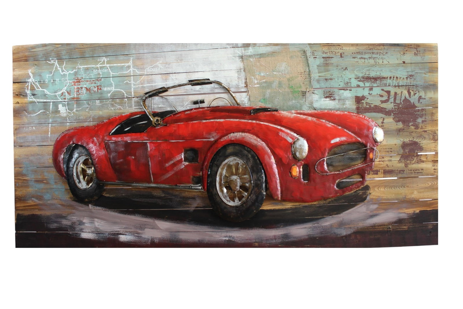 Classic Roadster Inspired Red Car 3D Metal Art on Wood 79" x 2" x 40"H: This handcrafted wall art features a classic roadster inspired red sports car, made with sheet metal parts mounted on a wood plank base for a rustic finish. Raised metal details create a striking 3D e