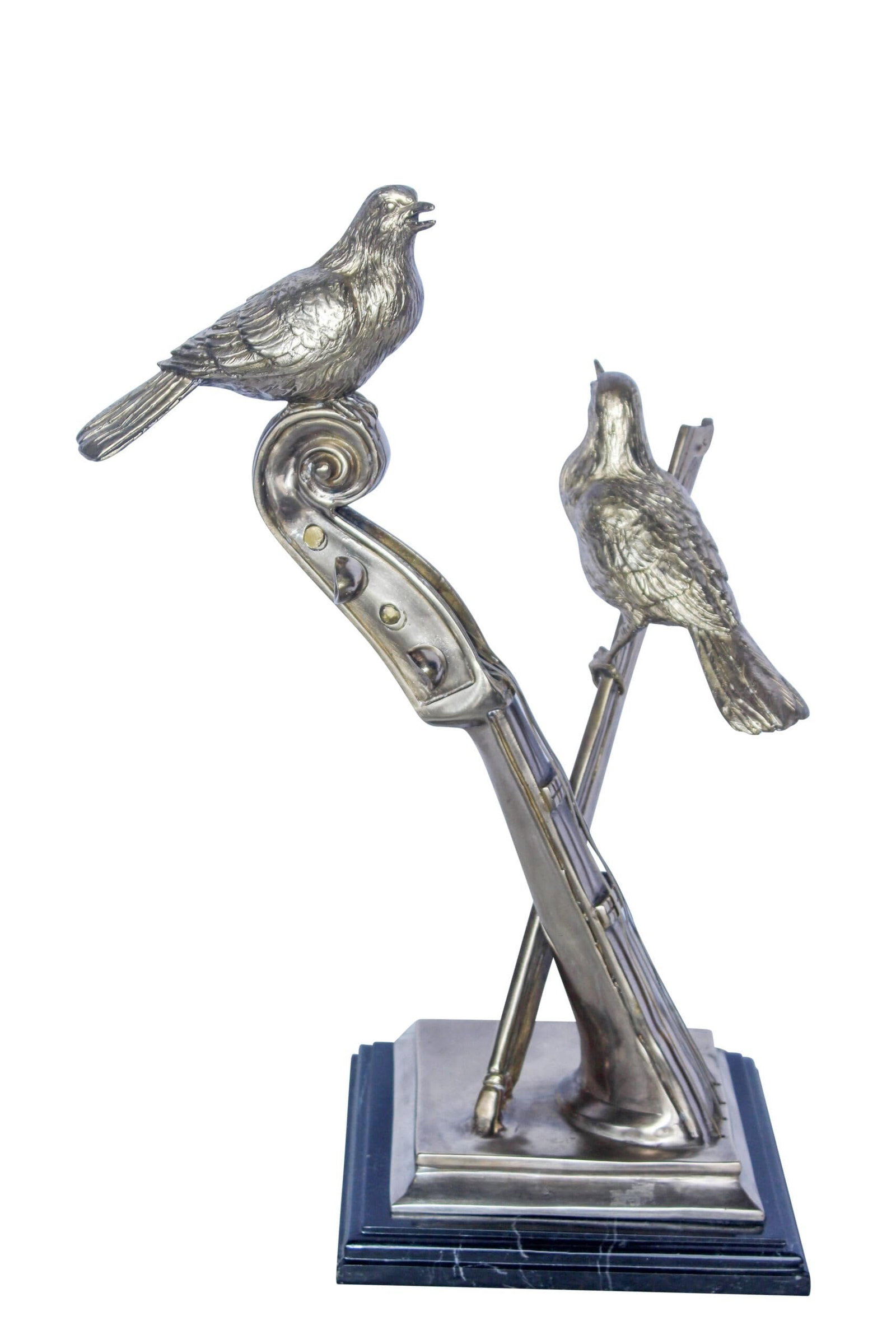 Creative Art, Violin and Two Birds, Bronze Statue in Silver Finish 12 x 8 x 19"H: Creative art: violin and two birds bronze statue in silver finish, handcrafted and casted using traditional lost wax method. This imaginative piece blends musical elegance with natural beauty, perfect