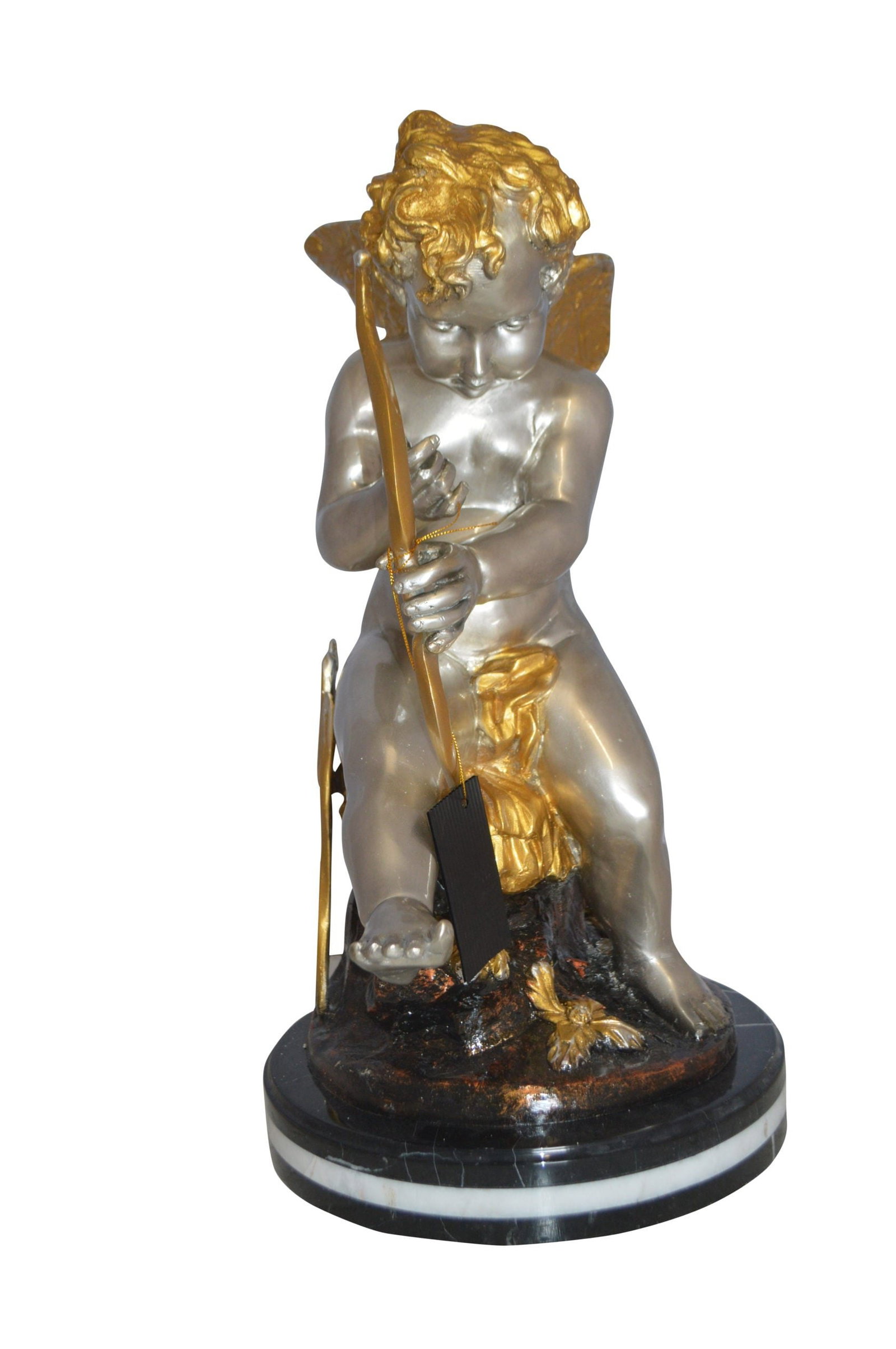 Cupid Boy On A Rock Bronze Statue - Size: 20"L x 15"W x 26"H.: This is a gorgeous statue of a Cupid Boy Sitting on a Rock mounted on a triple marble. The Cupid has arrows in his back and a bow in his hand, all of which contribute to a general atmosphere of beauty